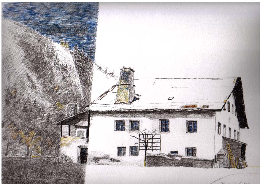 Die Tuschezeichnung aus dem Jahr 2004 von Reinhard Lentsch (Tusche auf Papier, 22 x 30 cm) zeigt das historische und denkmalgeschützte Bauernhaus in Tösens, Ortsteil Steinbrücken (Adresse: Steinbrücken 2a) im Tiroler „Obergricht“ aus südlicher Richtung. An das mächtige, zweigeschoßige Mittelflurhaus ist ein backofenähnlicher Anbau angefügt. Das Gebäude ist seit vielen Jahren unbewohnt, die Fassade ist weiß „gekalkt“ (angemalt) und das Dach ist mit Legschindeln aus ungehobelten Lärchenbrettern (Langschindeldeckung) locker (ohne Nagelung) und überlappend eingedeckt. An der Stirnseite des Gebäudes sind noch Reste einer Architekturmalerei sichtbar, darunter zwei Bindenschilde (ein Doppeladler und ein Andreaskreuz) mit der Jahreszahl 1548 bezeichnet.