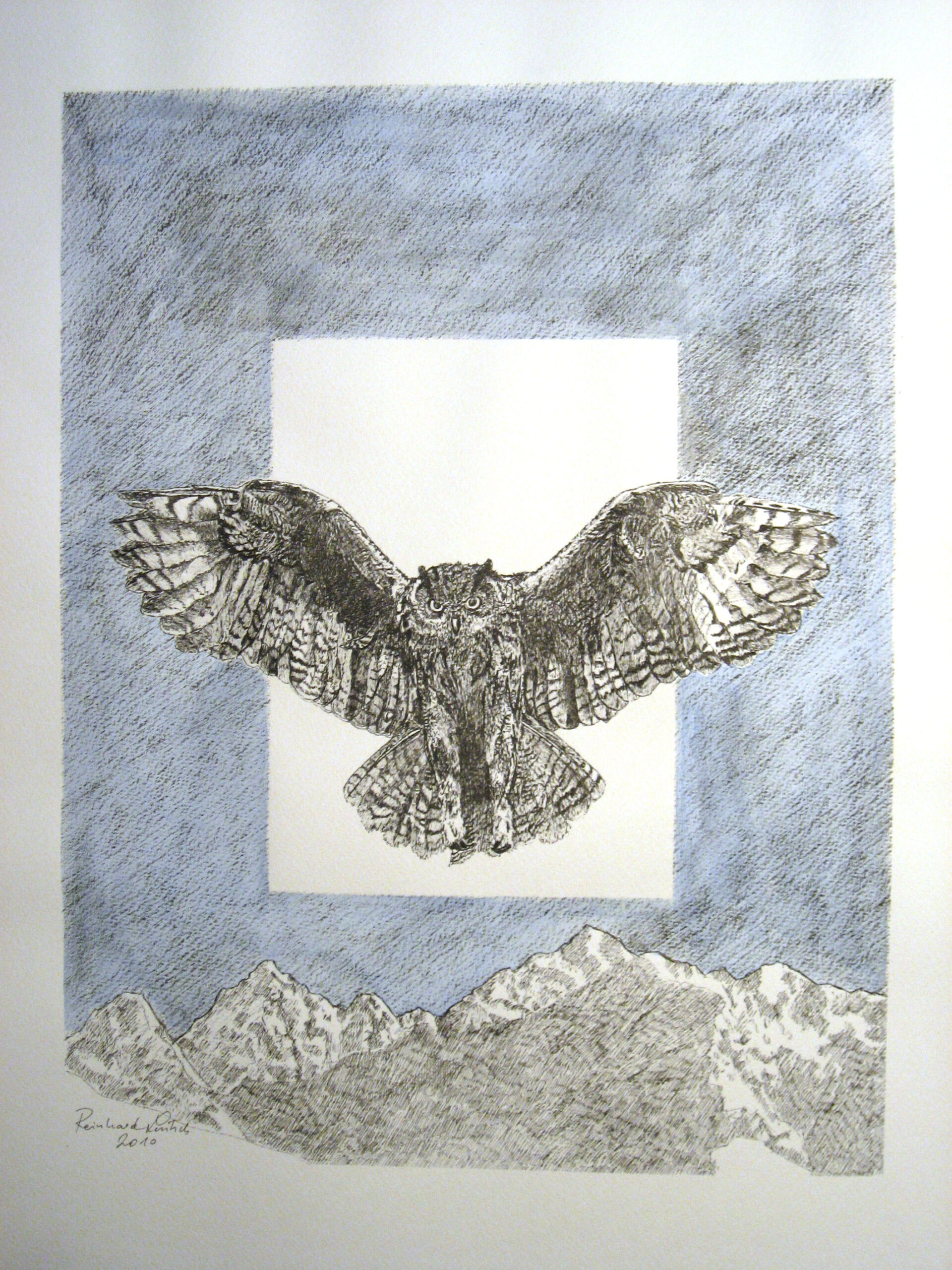 Tuschezeichnung des Künstlers Reinhard Lentsch aus dem Jahr 2010 mit dem Titel Uhu über Kaunergrat. Das Kunstwerk im Format 35 x 40 cm zeigt einen Uhu im Flug mit ausgebreiteten Flügeln, der frontal auf den Betrachter zufliegt. Der mächtige Vogel, mit detailliert gezeichnetem Gefieder, schwebt über dem schraffiert gezeichneten Kaunergrat in den Ötztaler Alpen in Tirol. Der Gebirgszug ist Teil des Naturparks Kaunergrat und gehört zur Gemeinde Kaunerberg. Der Uhu (Bubo bubo) ist die größte Eulenart Europas und zählt zu den beeindruckendsten Greifvögeln des Alpenraums. Mit einer Flügelspannweite von bis zu 1,80 Metern und seinem durchdringenden Blick symbolisiert er Weisheit, Stärke und Wildnis. In dieser Darstellung wird die majestätische Erscheinung des Uhus durch die ruhige, fast meditative Schraffurtechnik unterstrichen, die Himmel und Berge sanft voneinander abgrenzt. Das zentrale weiße Rechteck hinter dem Vogel verstärkt den Fokus auf seine kraftvolle Silhouette.