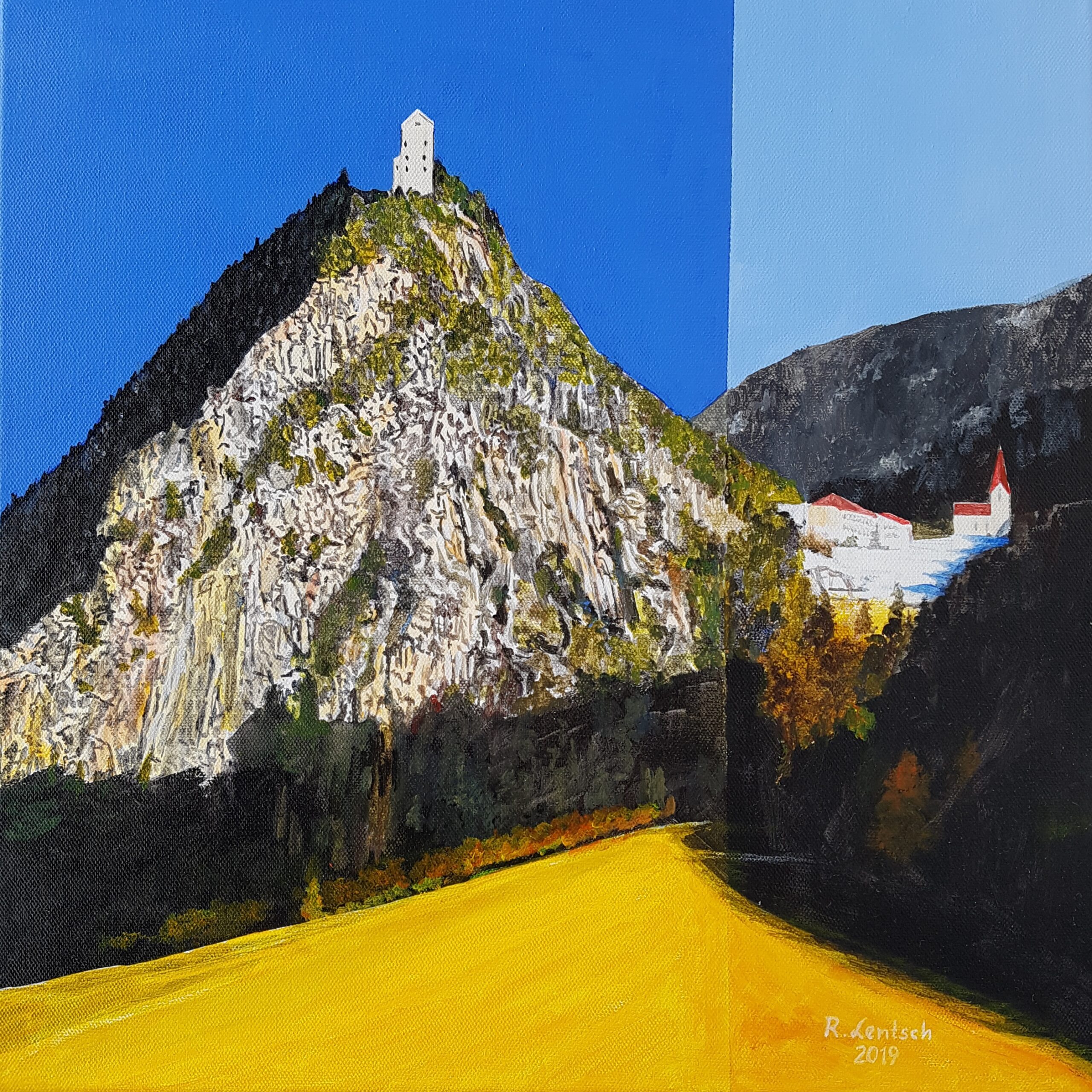 40 x 40 cm großes Acrylbild von Reinhard Lentsch, das in realistischer Form die Klosterkirche und die Kronburg im Gemeindegebiet von Zams zeigt.