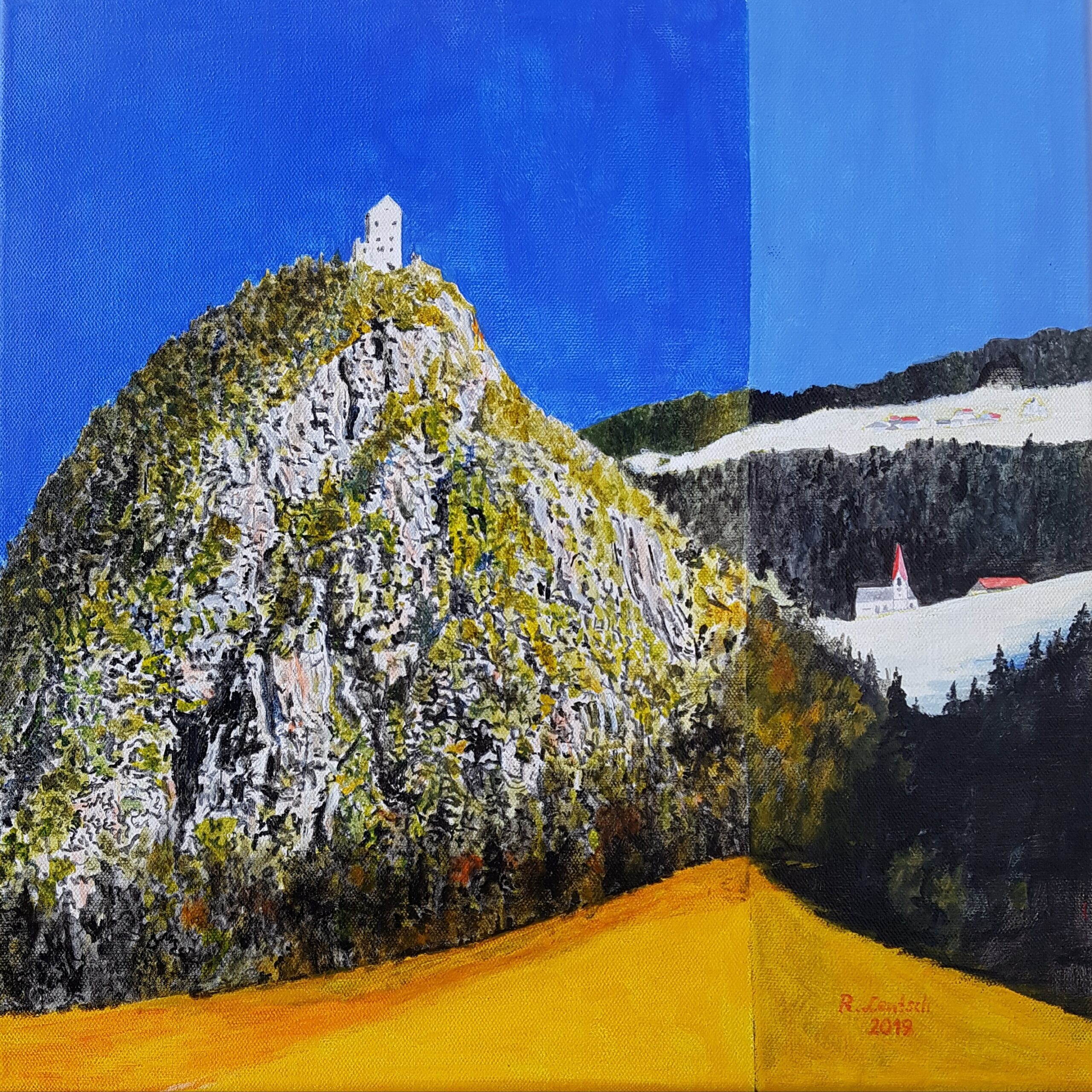 40 x 40 cm großes Acrylbild von Reihard Lentsch. Es zeigt im Gemeindegebiet von Zams das Kloster und die Klosterkirche mit der Kronburg, welche dem Ensemble den Namen gibt.