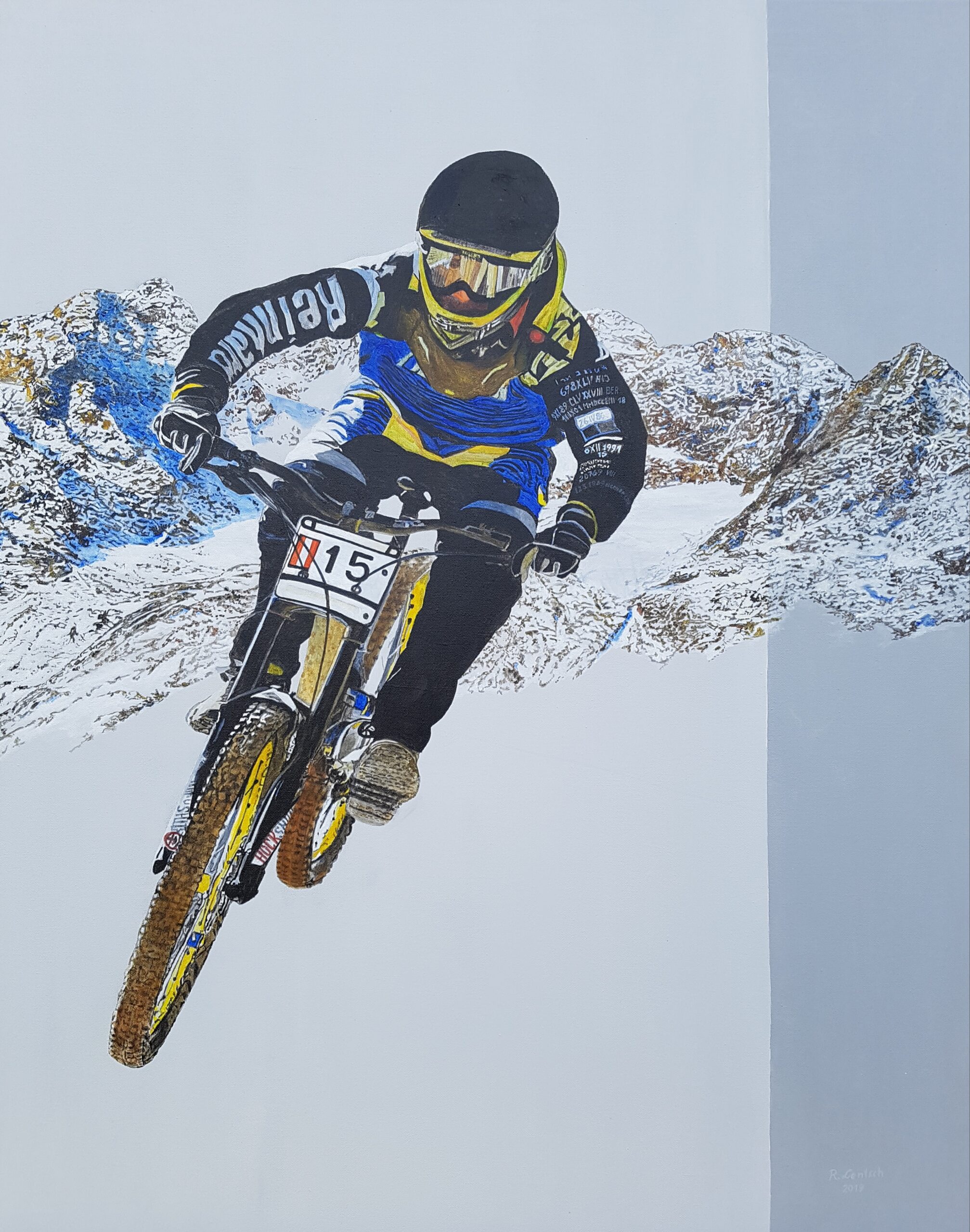 Hoher Riffler mit Downhiller, 100 x 80 cm, Acryl und Tusche auf Leinwand, gemalt von Reinhard Lentsch