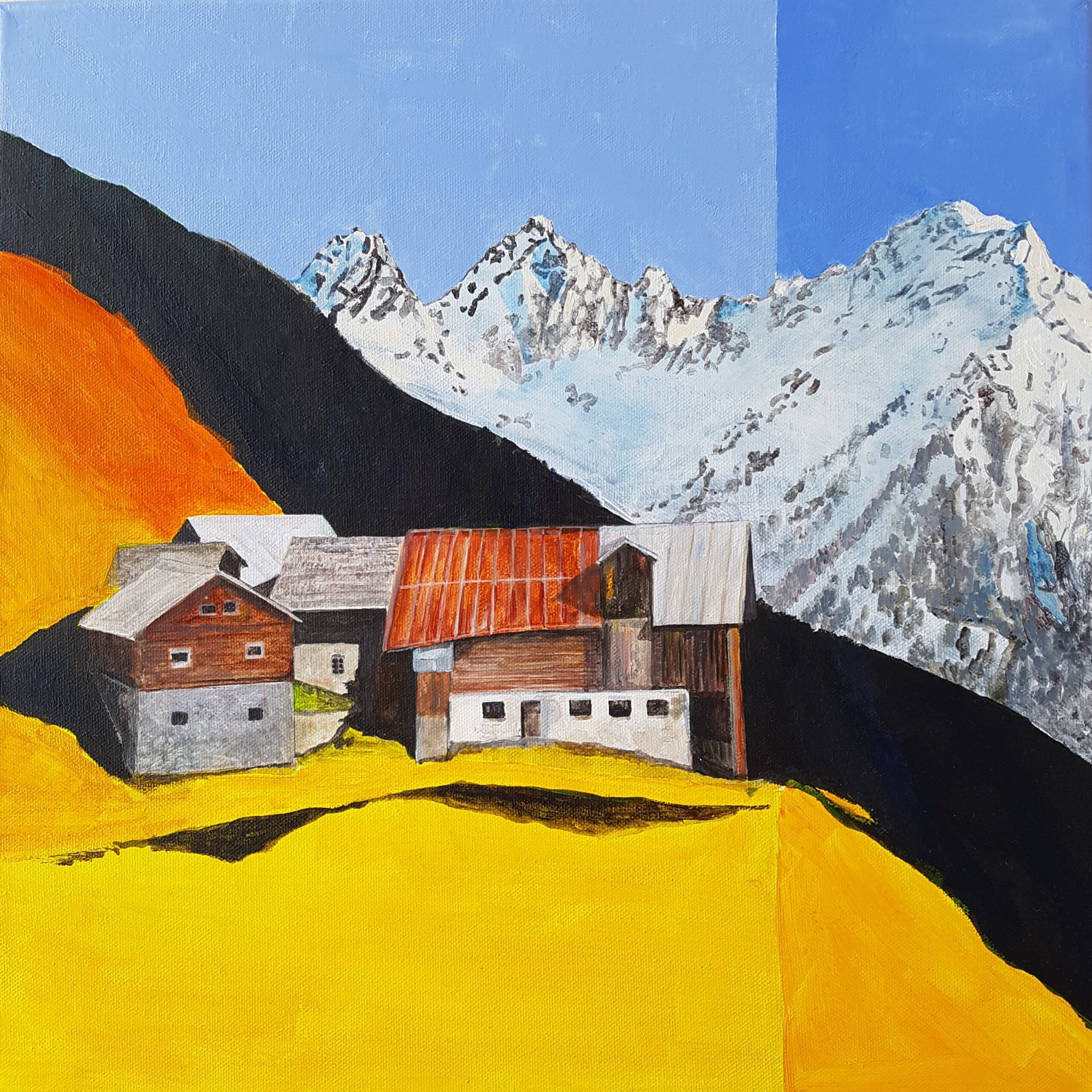 Im Jahr 2019 hielt der Rieder Künstler Reinhard Lentsch den Lahnhof in Kaunerberg in einem Acrylgemälde auf 50 x 40 cm Leinwand fest; 2020 folgte darauf basierend ein gleich großes Muranoglasmosaik auf Aluminiumplatte. Wie Franz Hafele aus Kaunerberg recherchieren konnte, wurde der Hof „Lahnghof“ oder in der Falkaunser Almordnung von 1852 auch „ Lahng“ genannt. Dieser Hof ist derzeit noch bewohnt und über einen schmalen Fahrweg erreichbar. Kaunerberg – Erste Besiedelung und Baukultur Hoch über dem Eingang ins Kaunertal, auf einem sonnenverwöhnten Berghang, liegt die Streusiedlung Kaunerberg. Die erste dauerhafte Besiedelung dieses Gebietes erfolgte vermutlich im Hochmittelalter, als Bauern begannen, die hochgelegenen Almen zu roden und urbar zu machen. Die Herausforderung der steilen Hänge und des rauen Klimas prägte nicht nur den Alltag der Menschen, sondern auch die Bauweise ihrer Höfe. Typisch für Kaunerberg sind die verstreuten Einzelhöfe, die in sogenannter Paarform errichtet wurden: Wohnhaus und Wirtschaftsgebäude stehen meist nebeneinander, oft aus massivem Holz errichtet, mit gemauerten Sockeln zum Schutz vor Feuchtigkeit. Die Häuser wurden in traditioneller Blockbauweise gebaut, mit tiefgezogenen Satteldächern, die den Schneemassen trotzen sollten. Dächer aus Lärchenschindeln und kunstvoll geschnitzte Balkone zeugen bis heute von der handwerklichen Baukunst und der engen Verbindung zur Natur. Kleine Wegkapellen, Bildstöcke und kunstvolle Holzzäune ergänzen das charakteristische Ortsbild und spiegeln die tief verwurzelte Volksfrömmigkeit und den bäuerlichen Stolz wider. Kaunerberg ist ein eindrucksvolles Beispiel dafür, wie sich Mensch und Baukultur harmonisch in die alpine Landschaft einfügen – eine Kulturlandschaft, die bis heute ihre Ursprünglichkeit bewahrt hat.