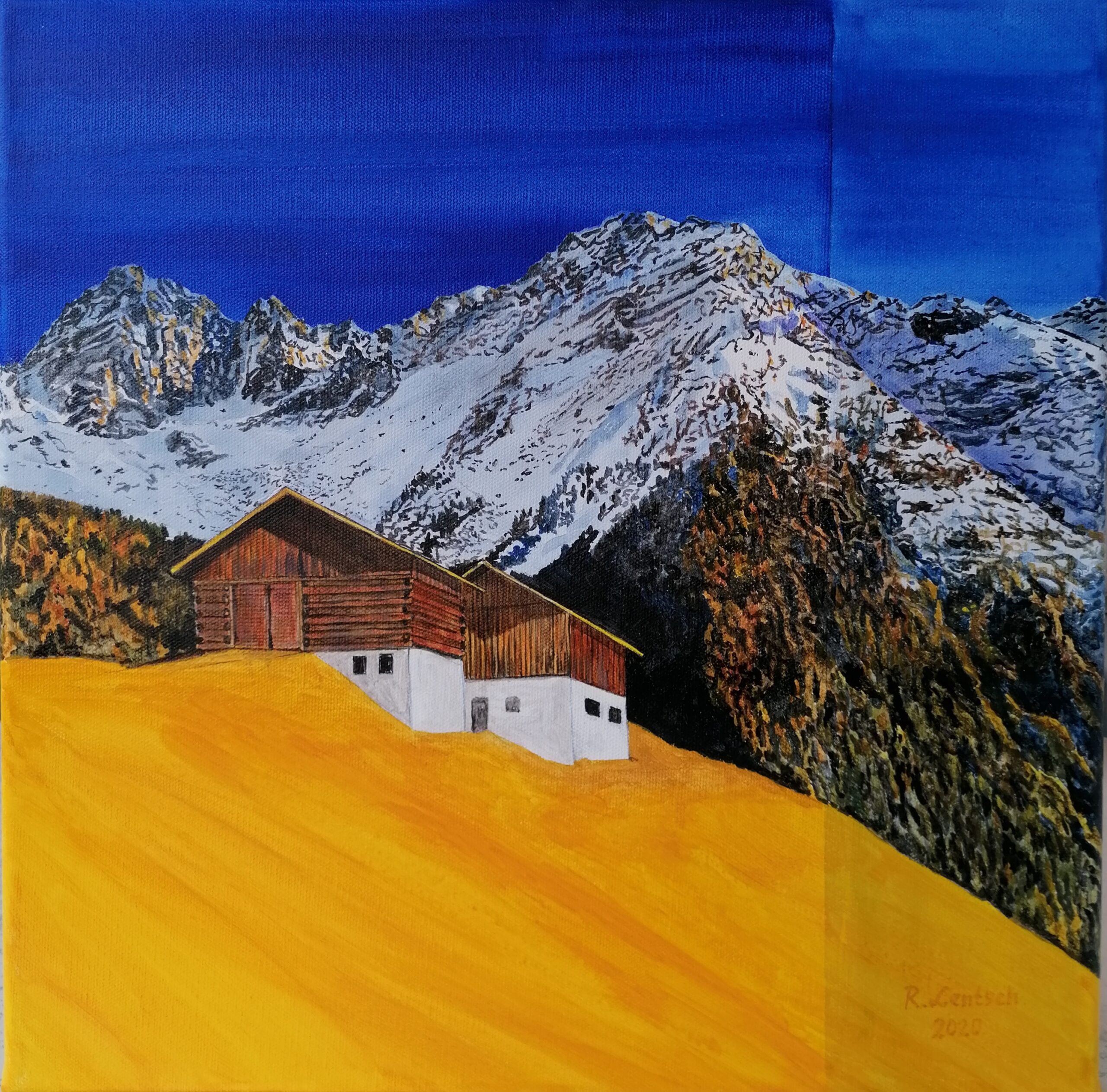 Acrylgemälde im Format 40 x 40 cm, gemalt im Jahr 2020 vom Rieder Künstler Reinhard Lentsch. Das Bild zeigt eine herbstliche Landschaft in Kaunerberg, Oberfalpetan in Tirol, Österreich. Im Vordergrund liegt eine fast goldgelb leuchtende, herbstlich gefärbte Wiese, auf der sich zwei typische Tiroler Gebäude befinden, die in traditioneller Holz- und Steinbauweise errichtet sind. Hinter den Gebäuden steigt der Hang mit herbstlich eingefärbtem Mischwald steil an und geht in markante und teils schneebedeckten Gipfel über. Zu sehen sind: Die Drischtkögel (2.783 m), der Radlstein (2.956 m), der Gsallkopf (3.291 m). Die dargestellten Berge gehören zur Kaunergratgruppe, einer Untergruppe der Ötztaler Alpen, die sich südwestlich von Imst und nördlich des oberen Inntals erstreckt. Der Kaunergrat bildet den westlichen Hauptkamm der Ötztaler Alpen. Oberfalpetan, der höchstgelegene Ortsteil der Gemeinde Kaunerberg in Tirol, war bis in die 1960er-Jahre hinein ganzjährig bewohnt. Danach wurde die dauerhafte Besiedlung nach und nach aufgegeben.