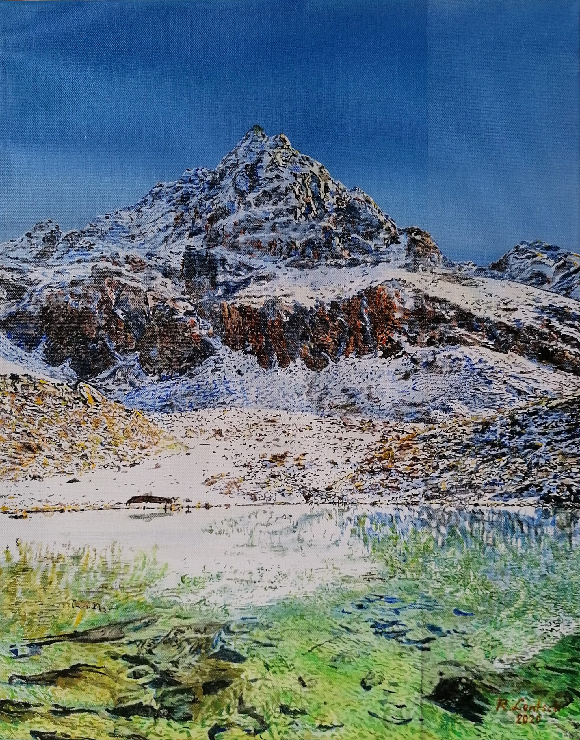 Reinhard Lentsch malte im Jahr 2020 nach einem Foto von Gabi LONIC eine Frühjahrsansicht des Großsees mit dem Wildgrat in Acryl auf einer 50 x 70 cm großen Leinwand. Das Motiv zeigt die eindrucksvolle Hochgebirgslandschaft im Naturschutzgebiet Riegetal, das etwas mehr als 400 Hektar groß ist und in der Gemeinde Jerzens im hinteren Pitztal in Tirol liegt. Es umfasst einen wertvollen alpinen Lebensraum mit Seen (wie dem Großsee), Mooren, Bergwiesen und Felsfluren – darunter auch Bereiche rund um den Wildgrat. Das Riegetal steht seit 1981 unter Naturschutz und zählt zu den ökologisch bedeutendsten Gebieten der Region.Im Hintergrund erhebt sich der Wildgrat, ein schroffer, fast 2971 Meter hoher Gipfel in den Ötztaler Alpen. Der felsige Aufbau ist noch von vereinzelten Schneefeldern bedeckt. Im Vordergrund liegt ruhig der Großsee, ein klarer, smaragdgrün leuchtender Bergsee, dessen spiegelnde Oberfläche Teile des Berges und Himmels reflektiert.