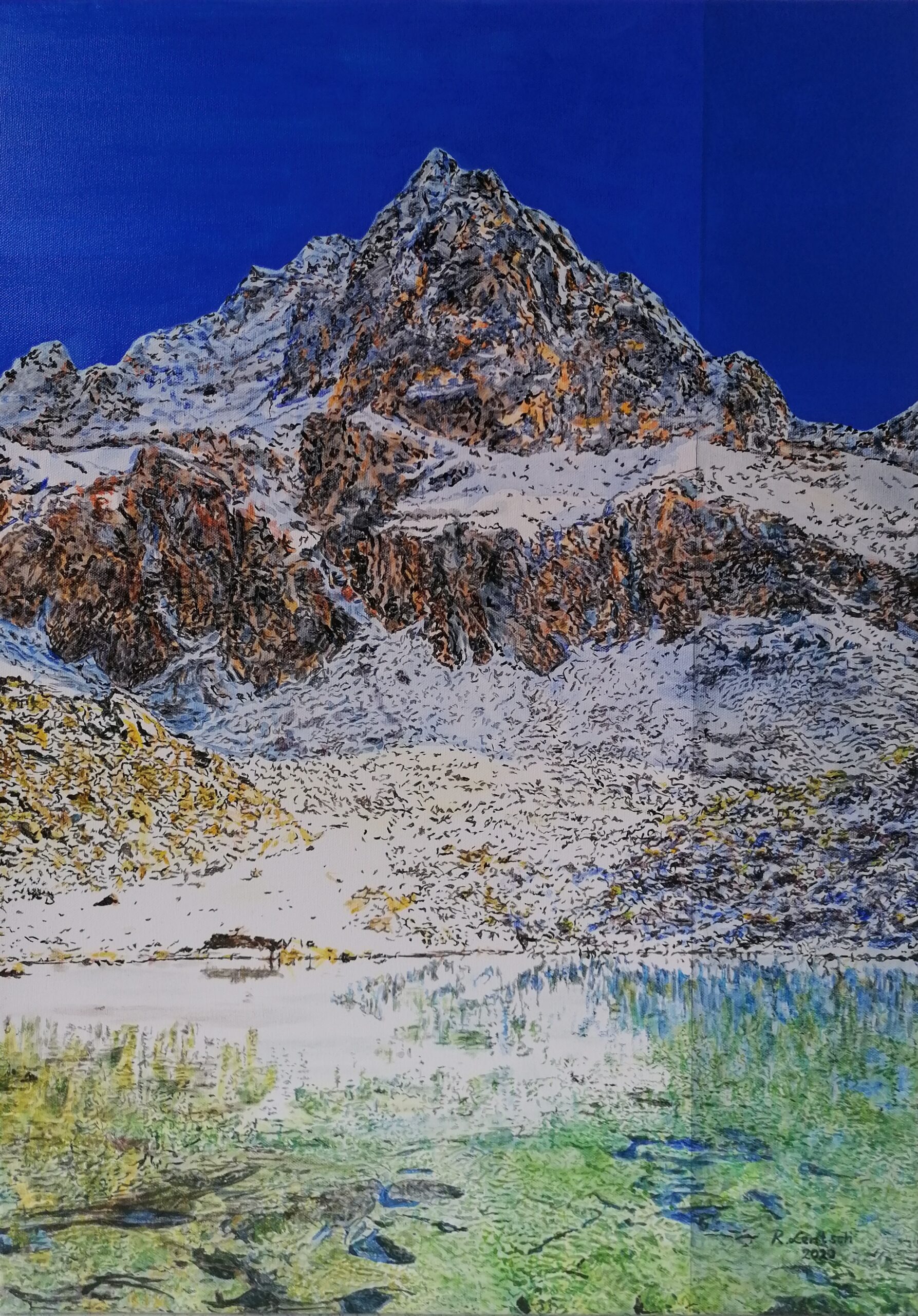 Reinhard Lentsch malte im Jahr 2020 nach einem Foto von Gabi LONIC eine Frühjahrsansicht des Großsees mit dem Wildgrat in Acryl auf einer 50 x 70 cm großen Leinwand. Das Motiv zeigt die eindrucksvolle Hochgebirgslandschaft im Naturschutzgebiet Riegetal, das etwas mehr als 400 Hektar groß ist und in der Gemeinde Jerzens im hinteren Pitztal in Tirol liegt. Es umfasst einen wertvollen alpinen Lebensraum mit Seen (wie dem Großsee), Mooren, Bergwiesen und Felsfluren – darunter auch Bereiche rund um den Wildgrat. Das Riegetal steht seit 1981 unter Naturschutz und zählt zu den ökologisch bedeutendsten Gebieten der Region.Im Hintergrund erhebt sich der Wildgrat, ein schroffer, fast 2971 Meter hoher Gipfel in den Ötztaler Alpen. Der felsige Aufbau ist noch von vereinzelten Schneefeldern bedeckt. Im Vordergrund liegt ruhig der Großsee, ein klarer, smaragdgrün leuchtender Bergsee, dessen spiegelnde Oberfläche Teile des Berges und Himmels reflektiert.