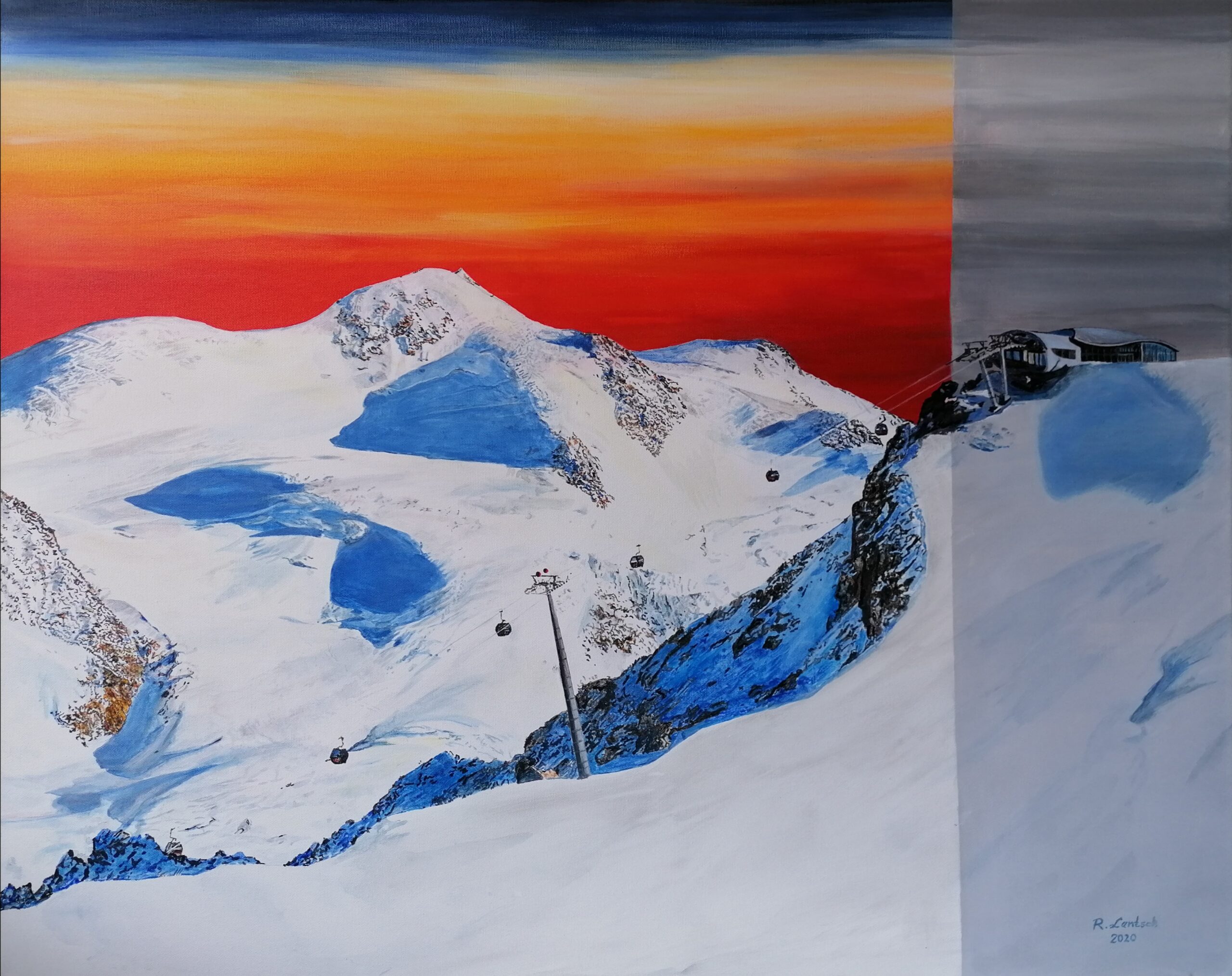 Das Gemälde „Blick zur Wildspitze von der Aussichtsplattform am Brunnenkogel“, das der Rieder Künstler 2020 in Acryl auf eine 100 x 80 cm große Leinwand schuf, zeigt die Wildspitze in den Ötztaler Alpen im Winterkleid. Als Kontrast dazu wählte er einen Himmel, der mit leuchtenden Farben gemalt ist – von tiefem Rot über Orange bis hin zu einem warmen Gelbton. Nur wenige Gehminuten von der Bergstation der Wildspitzbahn entfernt (sie gehört zu den Pitztaler Gletscherbahnen), befindet sich auf 3.440 Metern Seehöhe die spektakuläre Aussichtsplattform am Hinteren Brunnenkogel – direkt neben dem höchstgelegenen Café Österreichs, dem „Café 3440“. Seit der Eröffnung der Wildspitzbahn am 1. Oktober 2012 ist dieser hochalpine Aussichtspunkt bequem und sicher erreichbar. Die Talstation selbst erreicht man mit öffentlichen Verkehrsmitteln oder mit dem Auto über die Pitztalstraße bis Mandarfen, anschließend mit der Gletscherexpress-U-Bahn zur Mittelstation und weiter mit der Wildspitzbahn zur Gipfelregion. Von der Plattform aus bietet sich ein einzigartiges Panorama über die Ötztaler Alpen: Mehr als 50 Dreitausender sind von hier aus zu sehen. Im Zentrum des Blickfelds steht die Wildspitze, deren Hauptgipfel sich auf dem Gebiet der Gemeinde Sankt Leonhard im Pitztal befindet und mit 3.770 Metern der höchste Berg Nordtirols und der zweithöchste Österreichs ist. Die Wildspitze wurde erstmals im Jahr 1848 bestiegen – durch den Bergführer Leander Klotz aus Rofen im Ötztal und einem namentlich nicht überlieferten Begleiter. Seither hat sie sich das Wahrzeichen der Tiroler Alpenwelt zu einem beliebten Ziel für erfahrene Alpinistinnen und Alpinisten entwickelt.