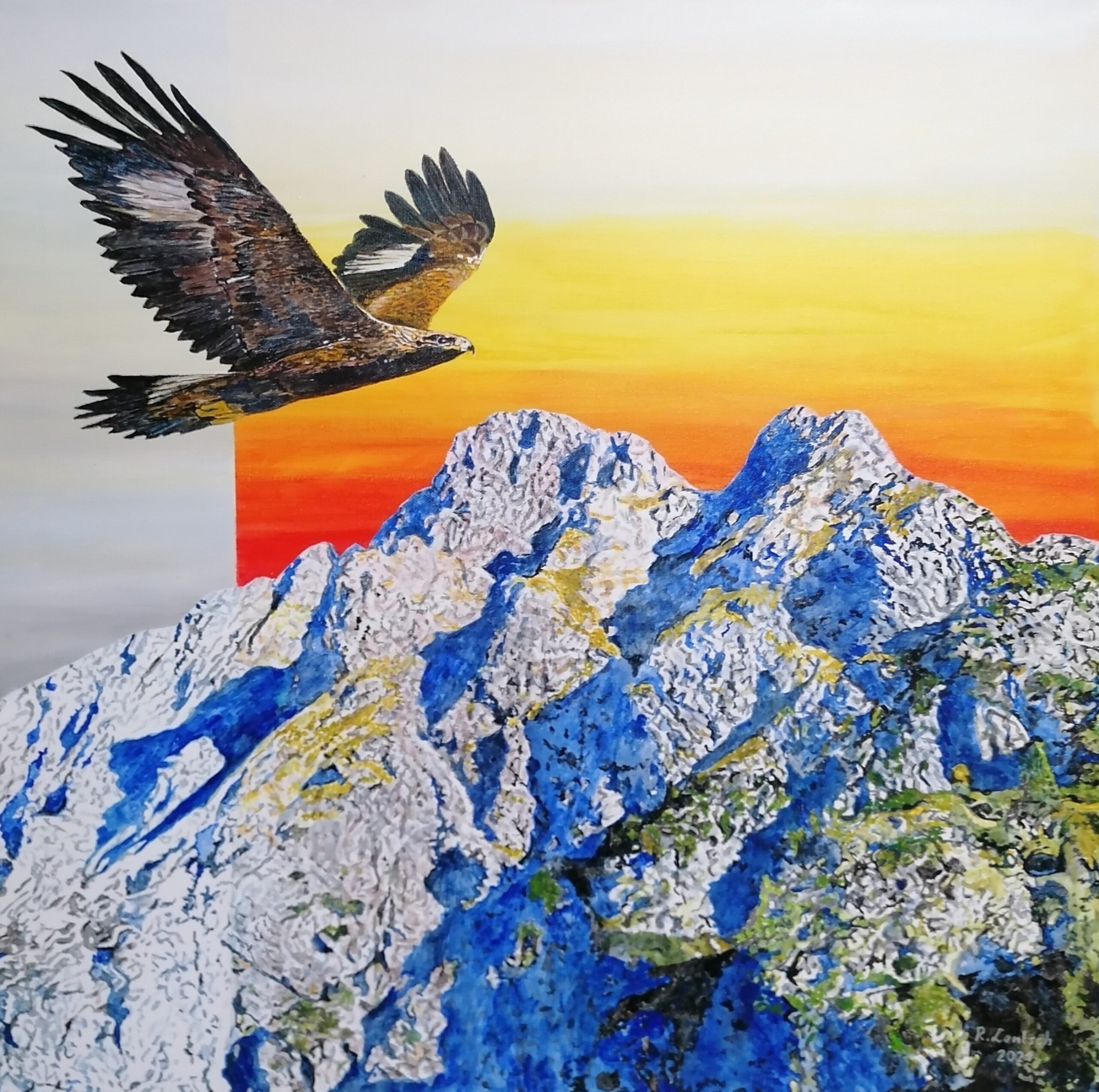Das Acrylgemälde von Reinhard Lentsch zeigt den majestätischen Flug eines Steinadlers über die schneebedeckte Silberspitze im Morgen- oder Abendlicht. Die Silberspitze (2.824 m) liegt in den Lechtaler Alpen und gehört zum Gemeindegebiet von Zams. Sie ist der Hausberg der Zammer und ein markanter Gipfel mit eindrucksvollem Panorama auf das Stanzertal, das Inntal und die benachbarten Ötztaler Alpen. Der Zustieg erfolgt typischerweise von Zams aus über das Gerseil zur Alfutzalm und von dort über sehr steiles Gelände zur Silberspitze. Trittsicherheit und alpine Erfahrung sind Voraussetzungen für die Besteigung, eine wunderbare Aussicht auf den Talkessel Landeck-Zams, sowie auf das Inntal sind der Lohn. Im Bild schwebt ein Steinadler (Aquila chrysaetos) – eines der imposantesten Wildtiere der Alpen. Mit einer Flügelspannweite von bis zu 2,3 Metern und einer Körperlänge von etwa 90 cm gehört er zu den größten Greifvögeln Europas. In Tirol leben derzeit rund 40 bis 45 Brutpaare, vor allem in ruhigen, alpinen Regionen wie dem Ötztal, dem Kaunergrat oder den Lechtaler Alpen. Der Steinadler ist streng geschützt und benötigt große, ungestörte Reviere. Er brütet meist an schwer zugänglichen Felswänden. Die Brutzeit beginnt im späten Winter, wobei das Weibchen meist zwei Eier legt – meist überlebt jedoch nur ein Jungvogel, der nach etwa 11 Wochen flügge wird. Steinadler ernähren sich von Murmeltieren, Hasen, Vögeln oder Aas und spielen eine wichtige Rolle im ökologischen Gleichgewicht der alpinen Fauna.