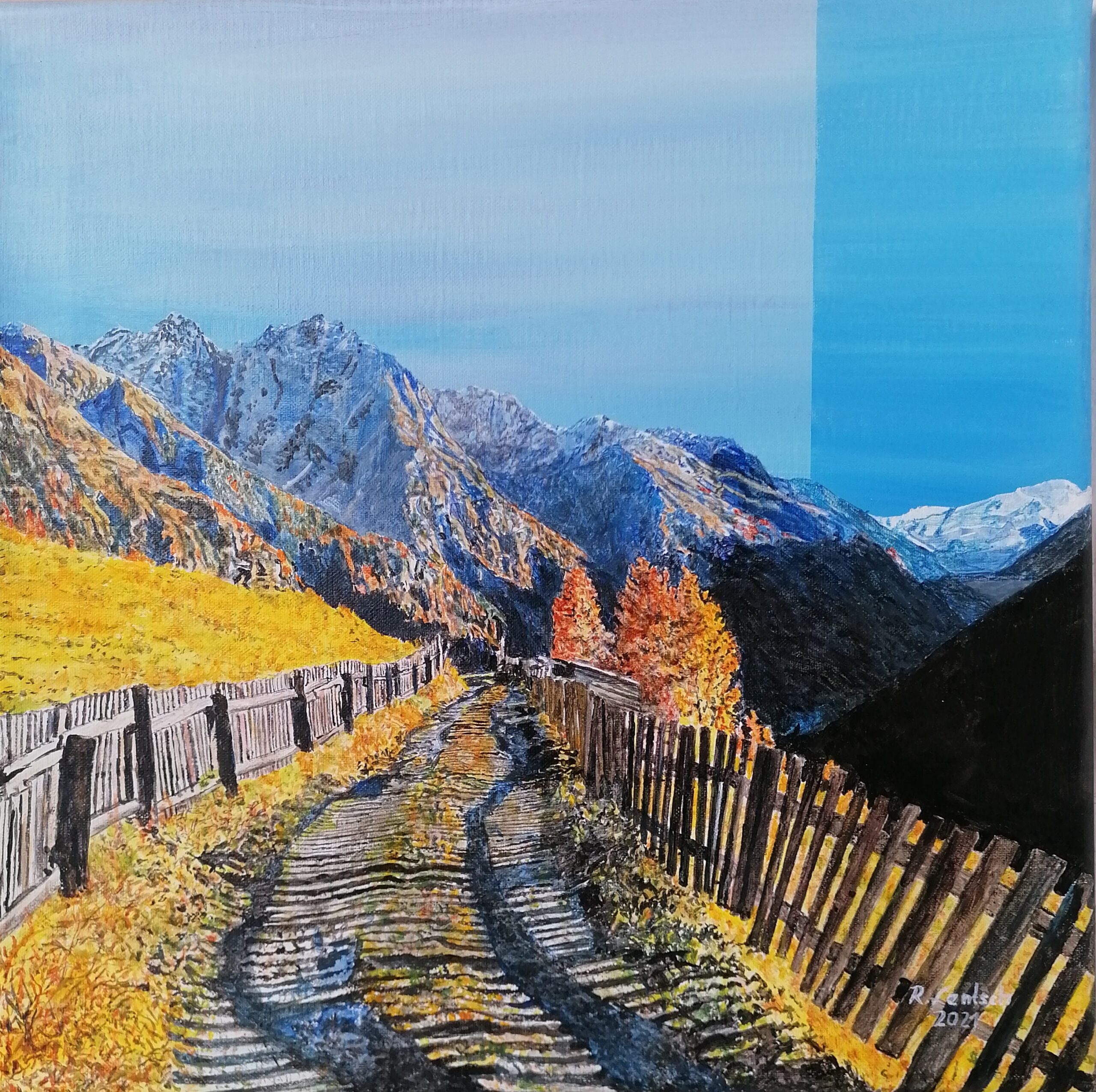 Der Künstler Reinhard Lentsch lebt und arbeitet in Ried im Oberinntal. Er schuf 2023 dieses Werk in Acryl auf einer 40 cm 40 cm großen Leinwand. Das Bild zeigt einen Wirtschaftsweg oberhalb des Weilers Wiesenhöfe am Kaunerberg, der von einem alten Holzspaltenzaun flankiert ist. Schräg einfallende Abendsonne wirft den Schatten der Zaunspalten über den Weg, der in Richtung inneres Kaunertal weist, das vom Gsallkopf, vom Schweikert, dem Mooskopf und anderen Bergen flankiert wird und als Talabschluss die 3518 m hohe und schneebedeckte Weißseespitze zeigt.