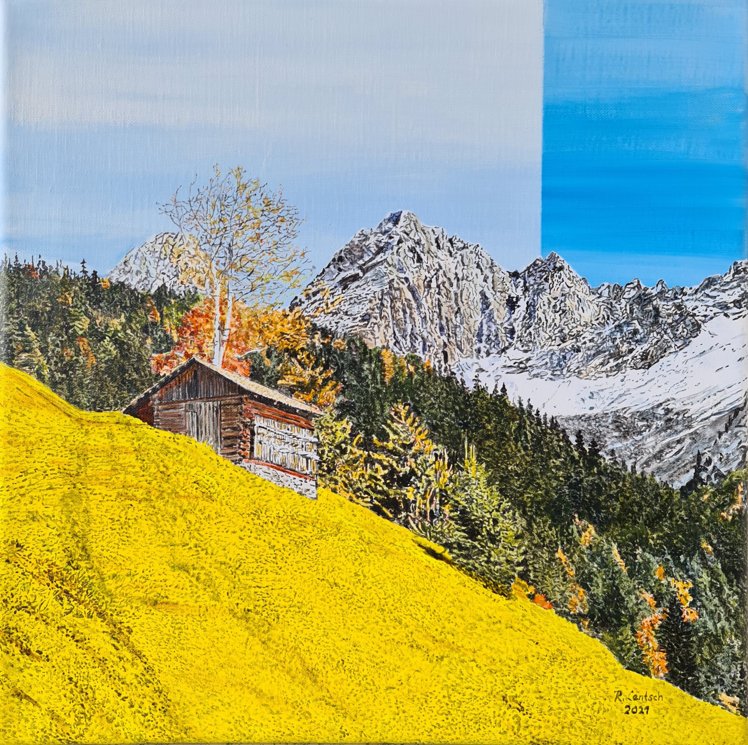 2021 malte der Rieder Künstler Reinhard Lentsch dieses 40 x 40 cm große Bild in Acryl auf Leinwand. Es ist ein Ausschnitt vom Naturpark Kaunergrat und zeigt die angezuckerten Drischtkögeln und eine für den Kaunerberg typische Bergwiese im Herbstkleid. Ein einfacher Holzstadel, im Volksmund auch Holzpillen genannt, steht auf einem steilen Grashang, dahinter mit Misch- und Fichtenwald bedeckte Bergrücken und schließlich die knapp unter und über 3000 m hohen Drischtkögel.