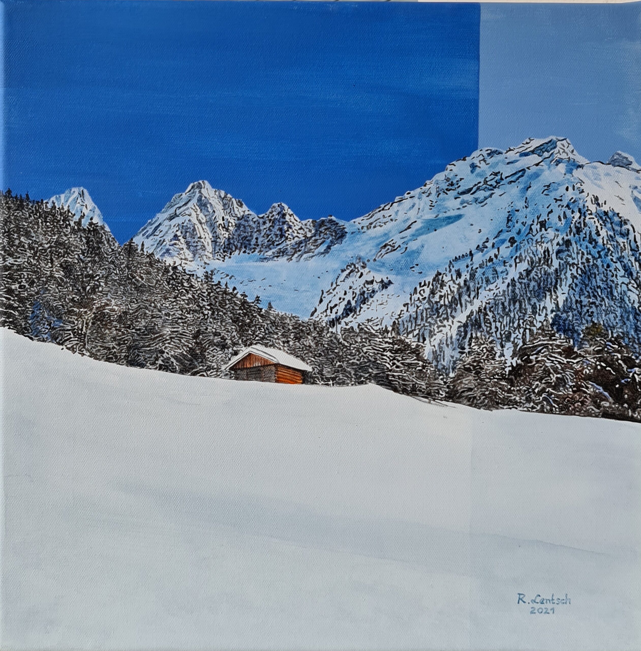 Dieses Acrylgemälde einer winterlichen Hochgebirgslandschaft schuf Reinhard Lentsch (Künstler aus Ried im Oberinntal) im Jahr 2021 auf einer 40 x 40 cm großen Leinwand. Im Hintergrund erheben sich die verschneiten Drischtkögel vor einem tiefblauen, wolkenlosen Himmel. Den Vordergrund dominiert eine weitläufige, unberührte Hochwiese, die vollständig unter einer dichten Schneedecke liegt. Darauf steht ein typischer, aus Holz erbauter Heupillen – ein charakteristisches Element der regionalen Baukultur. Zwischen der schneebedeckten Wiese und den imposanten Bergen erstreckt sich ein dichter Streifen verschneiter Fichten, der die Landschaft harmonisch gliedert und Tiefe verleiht.