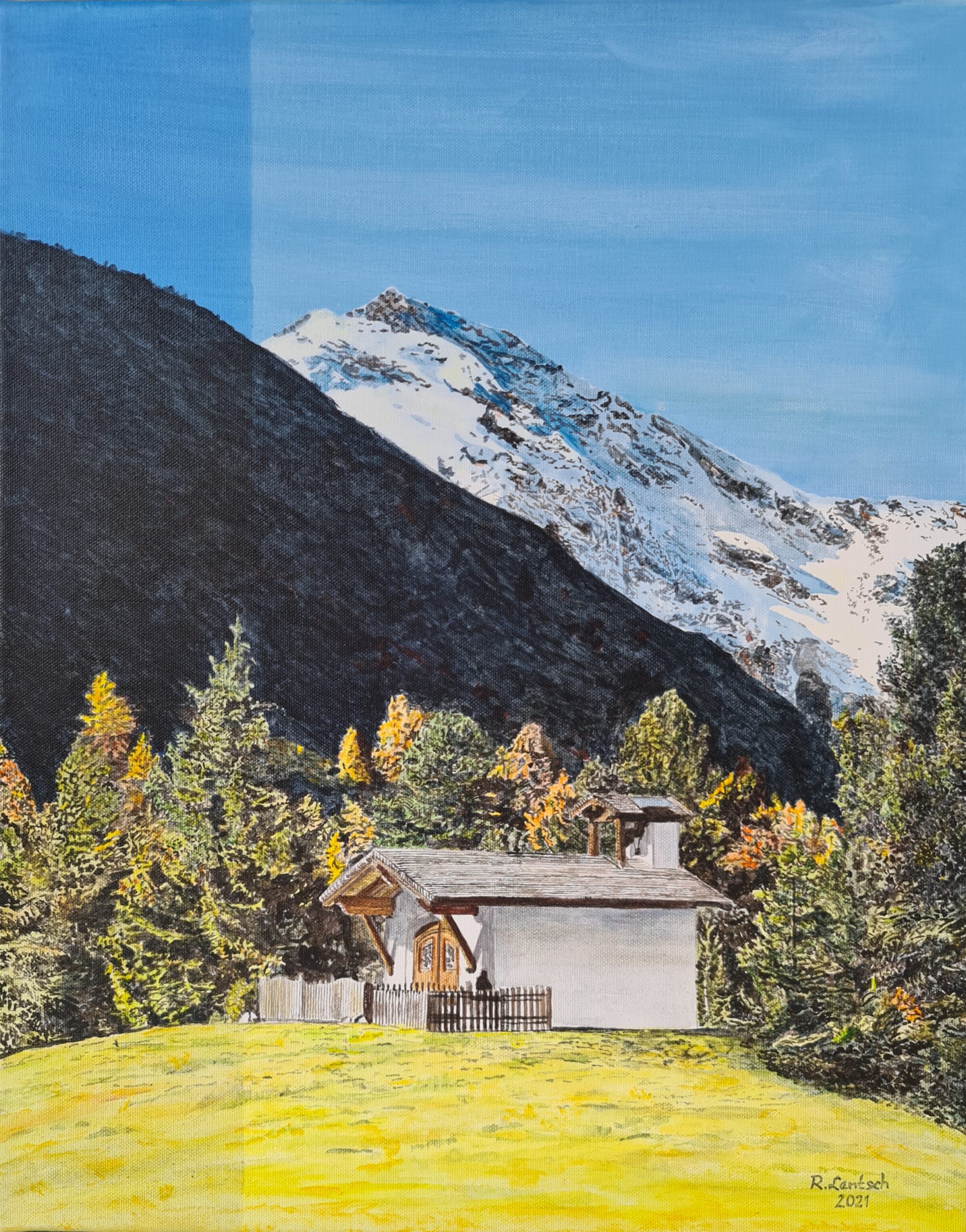 2021 malte der Rieder Künstler Reinhard Lentsch dieses Acrylgemälde auf Leinwand. Es zeigt die Kapelle neben der Verpeilhütte im Kaunertal (Tirol) auf rund 2030 Metern Höhe. Die benachbarte Schutzhütte liegt am Fernwanderweg E5 und dient als Ausgangspunkt für zahlreiche Bergtouren. Die 1988 geweihte Kapelle trägt über dem Eingang den Spruch „Sorge dich nicht – lebe!“