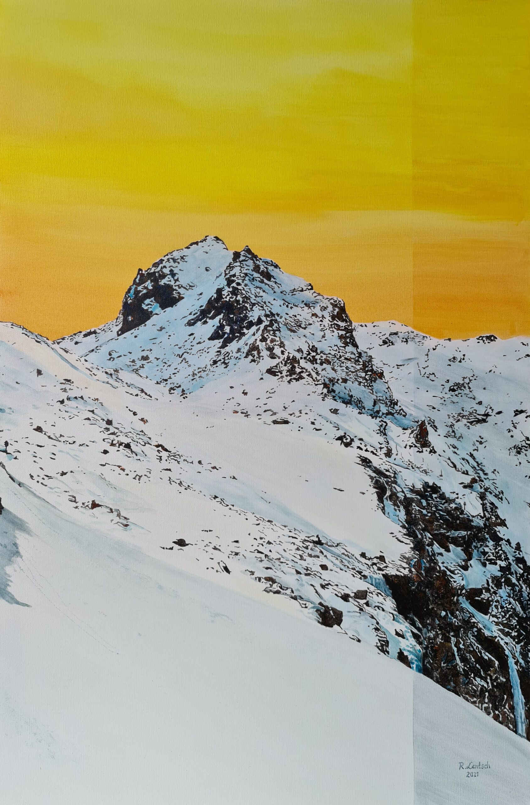 Dieses Acrylgemälde malte der Rieder Künstler Reinhard Lentsch 2021 auf eine 60 × 90 cm große Leinwand. Es zeigt die Zirmesspitze (2945 m) bei Ried im Oberinntal in winterlichem Licht. Die leuchtend gelbe Himmelsfärbung steht im spannungsvollen Kontrast zur kalten, schneebedeckten Berglandschaft und verleiht der Szene eine besondere Tiefe. Die Zirmesspitze gehört zur Glockturmkammgruppe in den Ötztaler Alpen und ist ein beliebtes Ziel für Wanderer, Kletterer und Alpinisten. Am Fuße des Berges stürzt ein besonderes Naturphänomen ins Tal: der Renkwasserfall, auch bekannt als Fallender Bach. Anders als klassische Wasserfälle in Schluchten fällt er offen über eine breite, senkrecht abfallende Felswand – wie ein gläserner Vorhang, spektakulär einsehbar von der Stalanzer Alm. Im Winter friert dieser Wasserfall vollständig zu und verwandelt sich in eine mächtige Eiswand und wird zum begehrten Ziel für Eiskletterer, die sich an den verschieden schwierigen Linien durch das Eis versuchen. Im Sommer führt neben dem Wasserfall der Anton-Renk-Klettersteig durch die Wand – eine sehr anspruchsvolle Route die Kondition und Können erfordert, dafür aber Ausblicke auf die Stalanzer Alm und über das Oberinntal hinweg auf Serfaus und Fiss frei gibt. Die Umgebung bietet darüber hinaus eine Vielzahl an Wandermöglichkeiten – etwa zur Anton-Renk-Hütte - oder Klettertouren zur Zirmesspitze (2945 m), Kuppkarlesspitze (2928 m), Innere- (2930 m) und Äußere Riefekarspitze (ca. 2889 m), zum Übergang über das Riefejoch ins Kaunertal oder auch zum Alter Mann (2691 m).