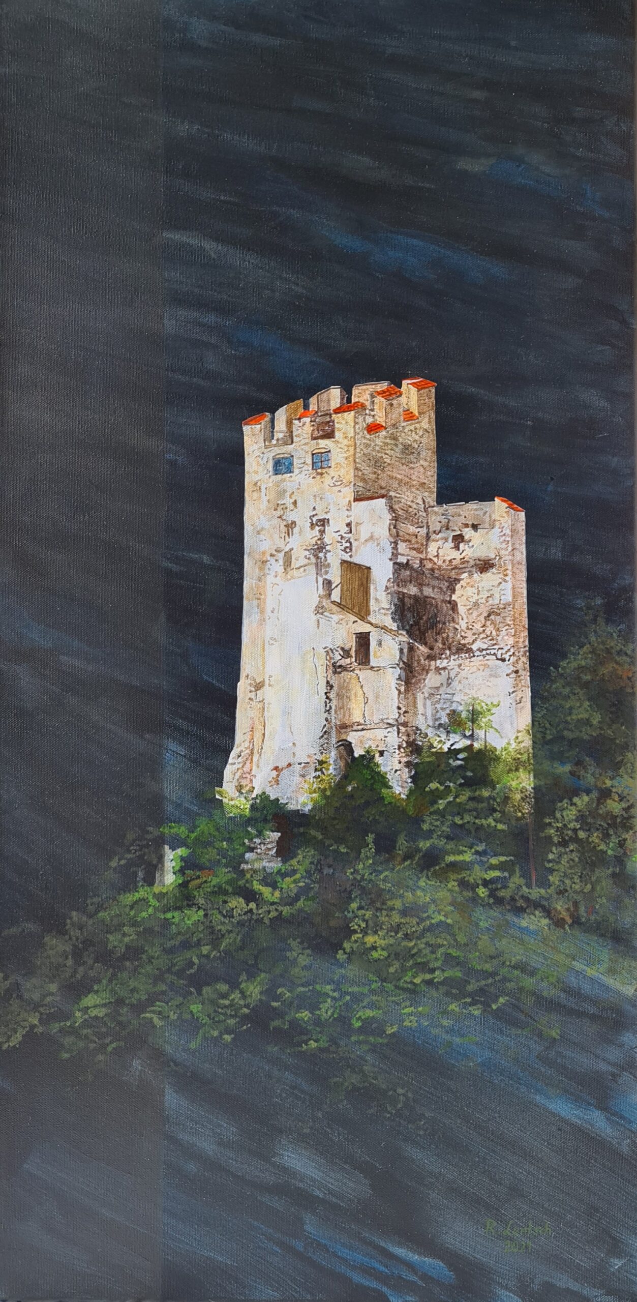 2021 malte der Rieder Künstler Reinhard Lentsch die Burgruine Schrofenstein auf eine 40 x 80 cm große Leinwand. Sie liegt malerisch auf einem Felssporn hoch über dem Inntal, nahe dem Ort Stanz bei Landeck. Sie thront auf etwa 1.120 Metern Seehöhe und bietet einen beeindruckenden Ausblick über das obere Inntal. Erbaut wurde die Burg um 1150 von den Herren von Schrofenstein, einem Ministerialengeschlecht, das vermutlich im Dienst der Grafen von Tirol stand. Die Anlage diente in ihrer Blütezeit sowohl als Wehr- als auch als Wohnburg, sicherte die Kontrolle über wichtige Verkehrswege im Inntal und unterstrich den Machtanspruch ihrer Besitzer. Nach mehreren Besitzerwechseln und Erweiterungen wurde die Burg im 16. Jahrhundert – vermutlich durch einen Brand – weitgehend zerstört und schließlich aufgegeben. Seither blieb sie als Ruine erhalten. In den letzten Jahrzehnten erfuhr die Burgruine jedoch verstärktes öffentliches Interesse: Seit den 1990er-Jahren wurden unter der Initiative lokaler Vereine und mit Unterstützung der Gemeinde Stanz sowie des Landes Tirol umfangreiche Sanierungsarbeiten durchgeführt, um die Bausubstanz zu sichern und das Gelände für Besucher zugänglich zu machen. Dabei wurden unter anderem Mauerreste konsolidiert, Zugangswege verbessert und Informationstafeln angebracht, die die Geschichte der Burg anschaulich erklären.