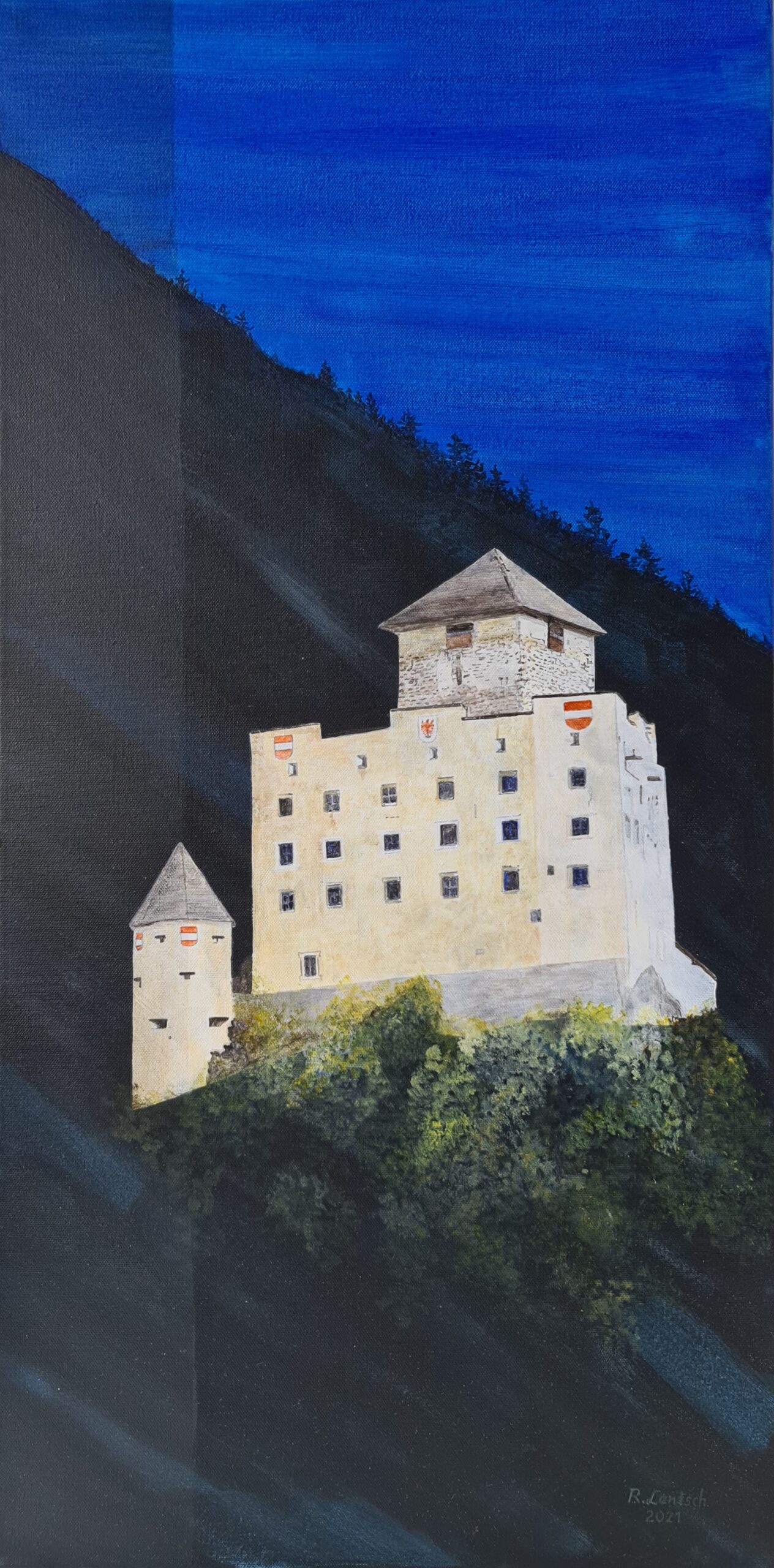 Schloss Landeck – Kunst, Geschichte und Kultur im Herzen des Tiroler Oberlandes Das Gemälde des Rieder Künstlers Reinhard Lentsch, entstanden im Jahr 2020 auf einer 40 x 80 cm großen Leinwand, zeigt das markante Schloss Landeck in eindrucksvoller Weise: Ein helles Bauwerk auf einem steilen Felsvorsprung, umgeben von dunklen Bergflanken und unter einem tiefblauen Himmel. Die kontrastreiche Darstellung fängt nicht nur die landschaftliche Dramatik, sondern auch die historische Würde dieses Tiroler Wahrzeichens ein. Schloss Landeck, das hoch über der Stadt Landeck im Oberinntal thront, wurde um das Jahr 1290 als landesfürstliche Gerichts- und Verwaltungsburg errichtet. Die Ursprünge der Anlage reichen ins späte 13. Jahrhundert zurück. Bereits 1251 taucht der Name „Landecke“ erstmals in einer Lehensurkunde des Bischofs von Brixen auf. Im 14. Jahrhundert übertrug sich dieser Name auf die Burg selbst sowie auf den gleichnamigen Verwaltungsbezirk, der das Stanzertal sowie die umliegenden Siedlungen Fließ und Zams umfasste. Über die Jahrhunderte hinweg veränderte sich die Nutzung der Anlage vielfach: Nach dem Verlust ihrer Funktion als Gerichtssitz im Jahr 1797 diente das Schloss unter anderem als Spital, Kaserne und als Unterkunft für Arbeiter. 1942 ging es in den Besitz der Stadt Landeck über und wurde zwischen 1968 und 1973 umfassend restauriert.