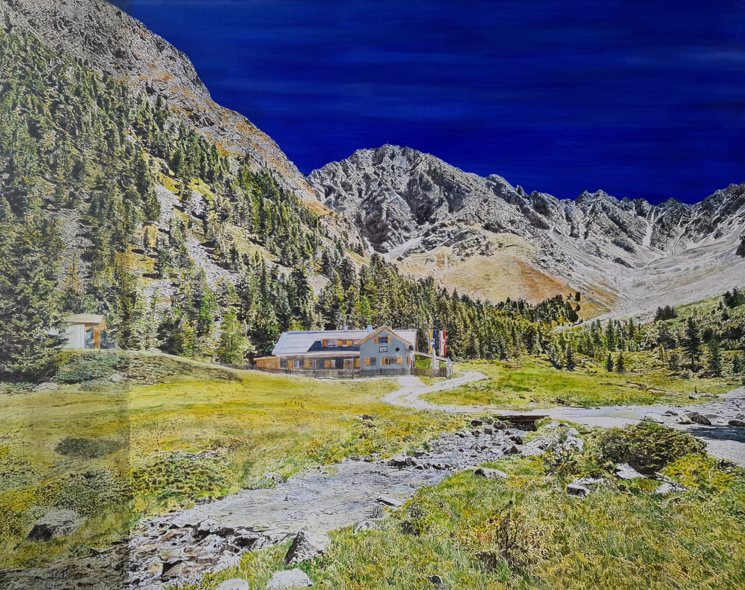 2021 malte der Rieder Künstler Reinhard Lentsch die Burgruine Schrofenstein auf eine 40 x 80 cm große Leinwand. Sie liegt malerisch auf einem Felssporn hoch über dem Inntal, nahe dem Ort Stanz bei Landeck. Sie thront auf etwa 1.120 Metern Seehöhe und bietet einen beeindruckenden Ausblick über das obere Inntal. Erbaut wurde die Burg um 1150 von den Herren von Schrofenstein, einem Ministerialengeschlecht, das vermutlich im Dienst der Grafen von Tirol stand. Die Anlage diente in ihrer Blütezeit sowohl als Wehr- als auch als Wohnburg, sicherte die Kontrolle über wichtige Verkehrswege im Inntal und unterstrich den Machtanspruch ihrer Besitzer. Nach mehreren Besitzerwechseln und Erweiterungen wurde die Burg im 16. Jahrhundert – vermutlich durch einen Brand – weitgehend zerstört und schließlich aufgegeben. Seither blieb sie als Ruine erhalten. In den letzten Jahrzehnten erfuhr die Burgruine jedoch verstärktes öffentliches Interesse: Seit den 1990er-Jahren wurden unter der Initiative lokaler Vereine und mit Unterstützung der Gemeinde Stanz sowie des Landes Tirol umfangreiche Sanierungsarbeiten durchgeführt, um die Bausubstanz zu sichern und das Gelände für Besucher zugänglich zu machen. Dabei wurden unter anderem Mauerreste konsolidiert, Zugangswege verbessert und Informationstafeln angebracht, die die Geschichte der Burg anschaulich erklären.
