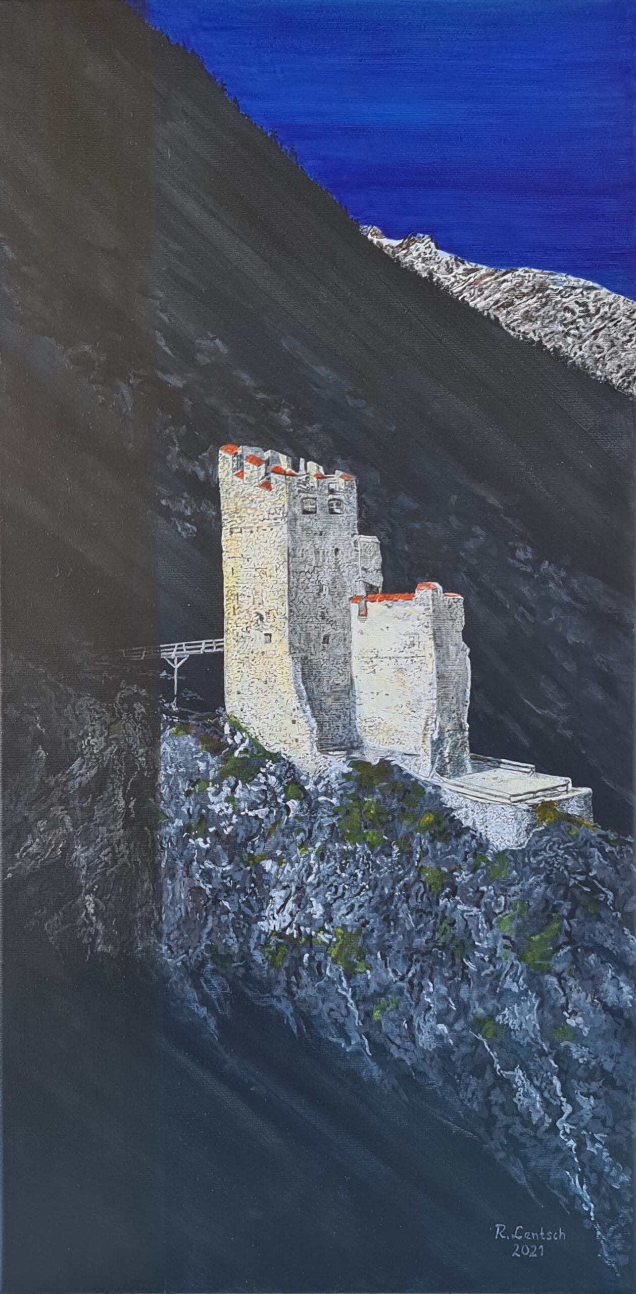 2021 malte der Rieder Künstler Reinhard Lentsch die Burgruine Schrofenstein auf eine 40 x 80 cm große Leinwand. Sie liegt malerisch auf einem Felssporn hoch über dem Inntal, nahe dem Ort Stanz bei Landeck. Sie thront auf etwa 1.120 Metern Seehöhe und bietet einen beeindruckenden Ausblick über das obere Inntal. Erbaut wurde die Burg um 1150 von den Herren von Schrofenstein, einem Ministerialengeschlecht, das vermutlich im Dienst der Grafen von Tirol stand. Die Anlage diente in ihrer Blütezeit sowohl als Wehr- als auch als Wohnburg, sicherte die Kontrolle über wichtige Verkehrswege im Inntal und unterstrich den Machtanspruch ihrer Besitzer. Nach mehreren Besitzerwechseln und Erweiterungen wurde die Burg im 16. Jahrhundert – vermutlich durch einen Brand – weitgehend zerstört und schließlich aufgegeben. Seither blieb sie als Ruine erhalten. In den letzten Jahrzehnten erfuhr die Burgruine jedoch verstärktes öffentliches Interesse: Seit den 1990er-Jahren wurden unter der Initiative lokaler Vereine und mit Unterstützung der Gemeinde Stanz sowie des Landes Tirol umfangreiche Sanierungsarbeiten durchgeführt, um die Bausubstanz zu sichern und das Gelände für Besucher zugänglich zu machen. Dabei wurden unter anderem Mauerreste konsolidiert, Zugangswege verbessert und Informationstafeln angebracht, die die Geschichte der Burg anschaulich erklären.
