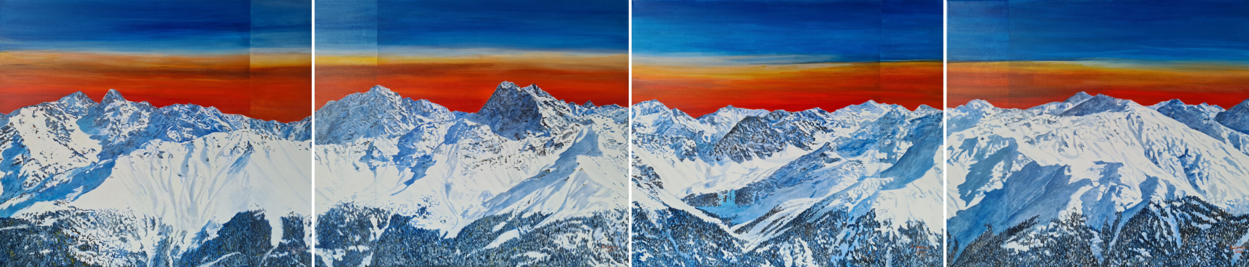 Das vierteilige Acrylgemälde (Tetraptychon, 4 á 70 x 60 cm groß) fertigte der in Ried im Oberinntal lebende und arbeitende Künstler Reinhard Lentsch im Jahre 2021 für die Bergrettung Ried im Oberinntal an. Es zeigt in einem Panoramablick das hochalpine Einsatzgebiet der freiwilligen Helfer von der gegenüberliegenden Talseite oberhalb von Fiss/Serfaus aus. Im Vordergrund ragen die Gipfel des Glockturmkamms empor, ein schroffer Gebirgszug, der die östliche Begrenzung des Oberinntales und die westliche Begrenzung des Kaunertals bildet. Dahinter erkennt man die noch höheren, teilweise vergletscherten Gipfel des Kaunergrats. Die beschriebenen Gebirgszüge sind beide Teil der Ötztaler Alpen. Der Himmel ist farblich dramatisch inszeniert – mit Übergängen von tiefem Blau zu intensivem Rot und Orange. Roter Schrofen (2702 m), Feichtener Karlspitze (2916 m), Äußere Rifekarspitze (3.001 m), Pfroslkopf (3148 m), Glockturm (3353 m) – höchster Punkt des Kamms und zentral dargestellt, zeigen sich von links nach rechts in der unteren Hälfte des Panoramas, also im Glockturmkamm Außerdem erkennt man das Skigebiet Fendels (unterhalb links der Bildmitte) mit klar erkennbaren Schneisen, Liften und Hängen und nicht zuletzt die vereisten Renkfälle (rechts der Mitte): ein eindrucksvoller Wasserfall, der im Winter zu einer auffälligen Eiswand gefriert – gut sichtbar und kontrastreich dargestellt. Im Hintergrund erhebt sich der Kaunergrat, das sind die weiter entfernten, teilweise vergletscherten Gipfel im oberen Drittel des Panoramas, wie die Rofelewand (3354 m) – auffällig durch ihre breite Wandfläche, leicht links der Bildmitte, die Watzespitze (3532 m) – der höchste und dominante Gipfel des Kaunergrats, zentral sichtbar, die Verpeilspitze (3423 m) – rechts der Watzespitze erkennbar Reinhard Lentsch verbindet in diesem Tetraptychon Präzision und Atmosphäre: Die geografische Realität wird mit gut erkennbaren Bergformen und Details umgesetzt und die symbolhafte Farbgestaltung des Himmels verleiht dem Werk eine emotionale Tiefe und verweist auf die Naturgewalten, denen die Bergretter ausgesetzt sind. Die senkrechten Trennlinien strukturieren das Panorama und geben jedem Tafelbild eine eigenständige Bedeutung, während sie als Ganzes eine durchgehende Gebirgskette formen. Das Werk stellt nicht nur das reale Einsatzgebiet der Bergrettung Ried im Oberinntal dar, sondern würdigt auch deren Einsatzbereitschaft im alpinen Gelände. Der dargestellte Abschnitt umfasst das eigentliche Einsatzgebiet sowie angrenzende Regionen der Bergrettung Kaunertal, was die enge Kooperation und die herausfordernde Topografie unterstreicht.