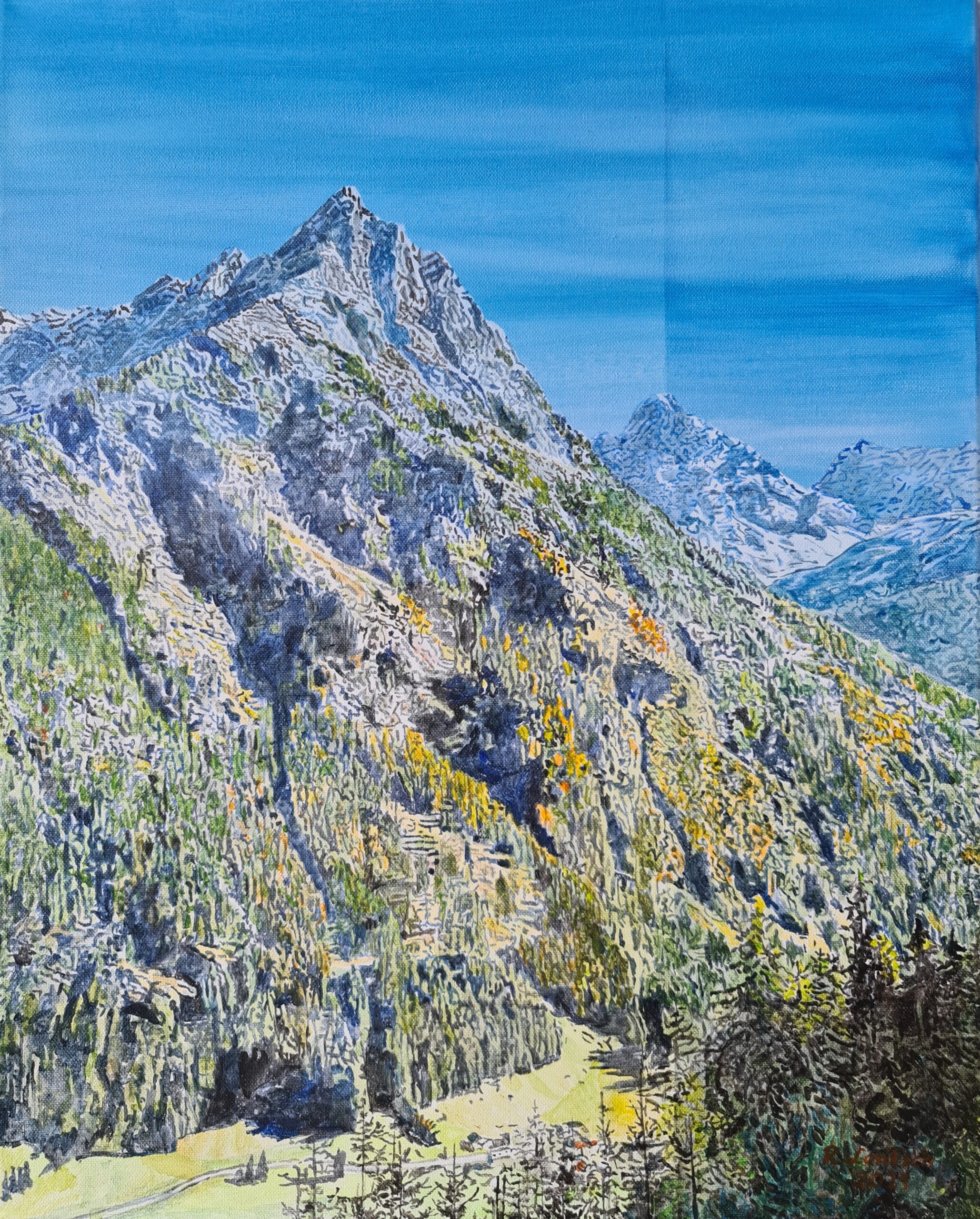 Reinhard Lentsch malte 2021 dieses Acrylbild in naturalistischer Weise auf eine 40 x 50 cm großen Leinwand. Das Bild zeigt den Schweikert, einen eindrucksvollen Gipfel in den Ötztaler Alpen. Der Berg erhebt sich markant über den Weilern Vergötschen und Unterhäuser im mittleren Kaunertal in Tirol. Mit einer Höhe von 2877 Metern zählt er zu den auffälligen Bergen der Region, auch wenn er kein Dreitausender ist. Er liegt im westlichen Randbereich des Kaunergrats und prägt das Landschaftsbild dieses Talabschnitts wesentlich. Rechts vom Schweikert sieht man den Schwabenkopf (3357 m) und die Watzespitze (3532 m).