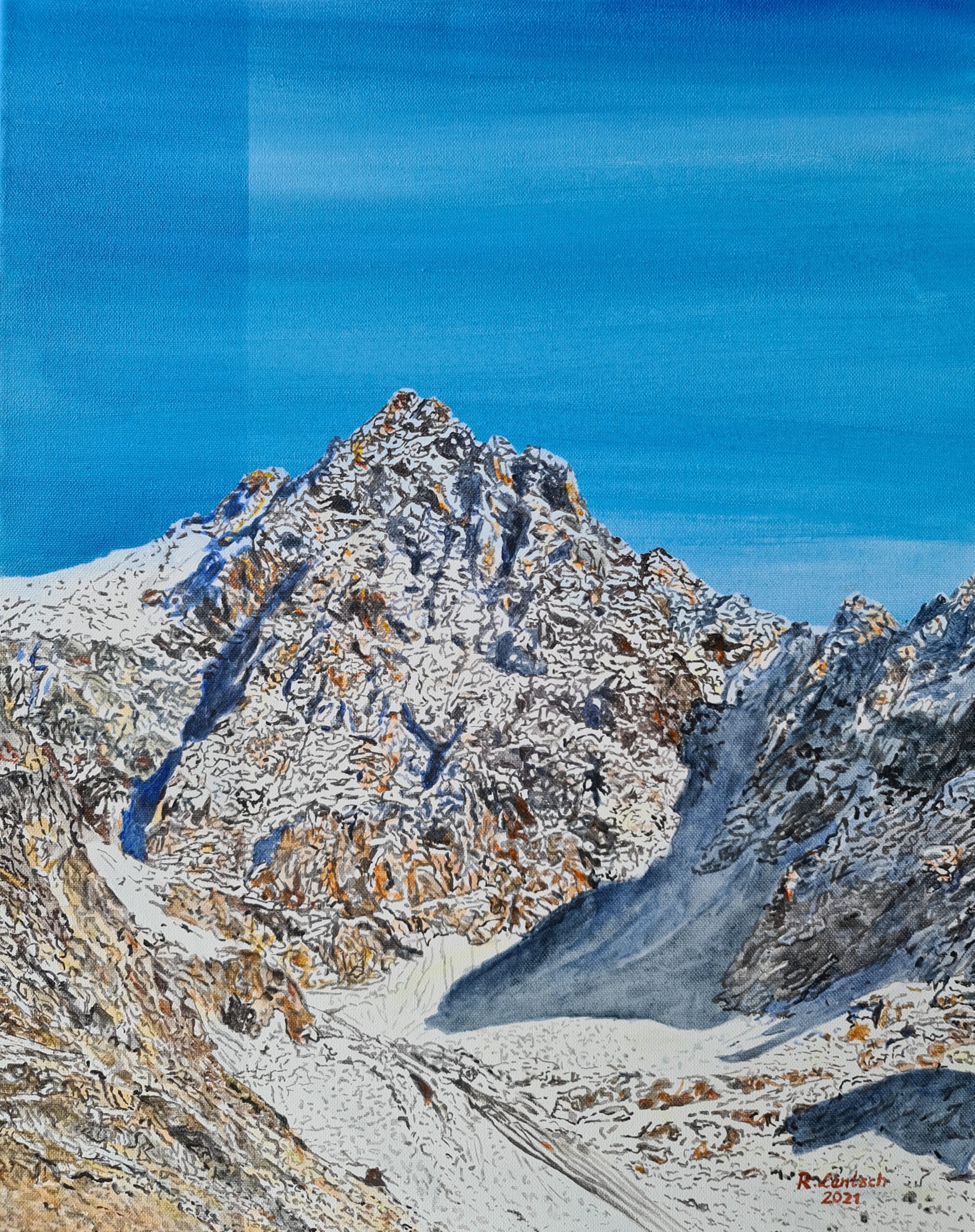 Das Acrylgemälde zeigt den Gsallkopf in spätherbstlicher Stimmung. Es wurde 2021 vom Tiroler Künstler Reinhard Lentsch in naturalistischem Stil auf eine 40 x 50 cm große Leinwand gemalt. Der imposante, spitz aufragende Berg ist 3514 Meter hoch und bildet den markanten Abschluss des Gsall – eines hochgelegenen Seitentals, das sich östlich vom Kaunertal abzweigt. Die Darstellung zeigt den Berg aus westlicher Perspektive, vom gegenüberliegenden Langetsberg am Sonnenhang des Kaunertales. Der Gsallkopf ist nach der 3532 m hohen Watzespitze der zweithöchste Gipfel des Kaunergrats, eines wilden, vergletscherten Gebirgszugs in den Ötztaler Alpen. Er gehört zur Gemeinde Kaunertal, die sich mit mehr als 70 Dreitausendern zu einem der alpinistisch vielfältigsten Gebiete Tirols zählen darf. Die spätherbstliche Ansicht mit schneebestäubten Felsflanken und klarer Fernsicht betont die majestätische, fast unberührte Hochgebirgslandschaft des inneren Kaunertals.