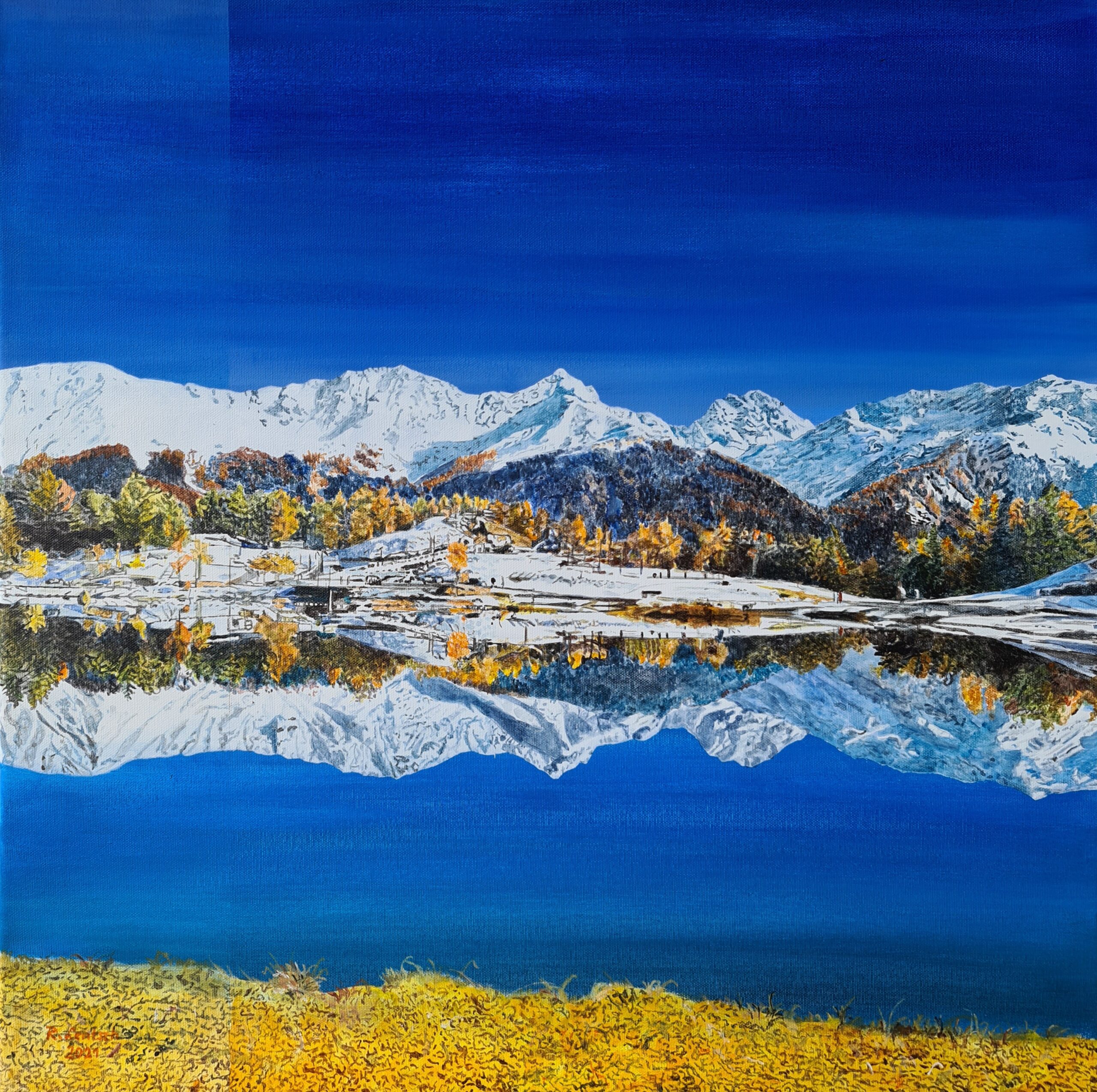 Der Oberländer Künstler Reinhard Lentsch malte dieses Acrylbild im Jahr 2021 auf einer 60 x 60 cm großen Leinwand. Es zeigt den Wolfsee in Fiss nach dem ersten Schneefall im Spätherbst. In der glatten Wasseroberfläche spiegeln sich die schneebedeckten Berge des gegenüberliegenden Glockturmkamms – darunter das Zirmesköpfl (2092 m), die Kuppkarlesspitze (2990 m), die Gamsspitze (3157 m), die Feichtner Karlspitze (2918 m) sowie der Berggipfel Alter Mann (2883 m). Der Wolfsee wurde 2010 als künstlicher Speicherteich zur technischen Beschneiung der Fisser Schiabfahrten des Skigebiets Serfaus-Fiss-Ladis angelegt. Heute ist er zudem ein beliebtes Ausflugsziel. Der rund 15.000 m² große See liegt am Ortsrand von Fiss und ist über einen kinderwagentauglichen Spazierweg erreichbar. Entlang des Rundwegs informieren Erlebnisstationen über die heimischen Wildtiere Bär, Luchs und Wolf – nach letzterem wurde der See auch benannt.
