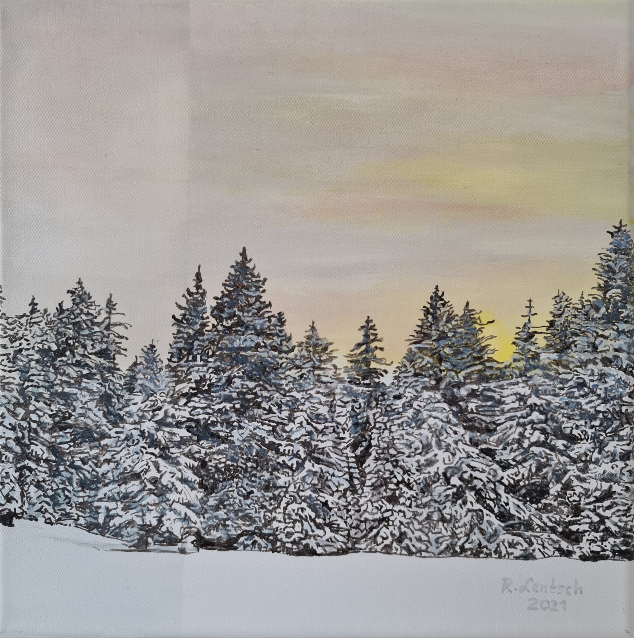 Die späte Nachmittagssonne zaubert warme Farben in den mit Wolken bedeckten Himmel und verstärkt die Wirkung des frisch verschneiten Fichtenwaldes, der den Abschluss des Schneefeldes im Vordergrund bildet. Dieses Acrylild malte der in Ried im Oberinntal lebende und arbeitende Künstler Reinhard Lentsch 2021 auf eine 30 x 30 cm große Leinwand.