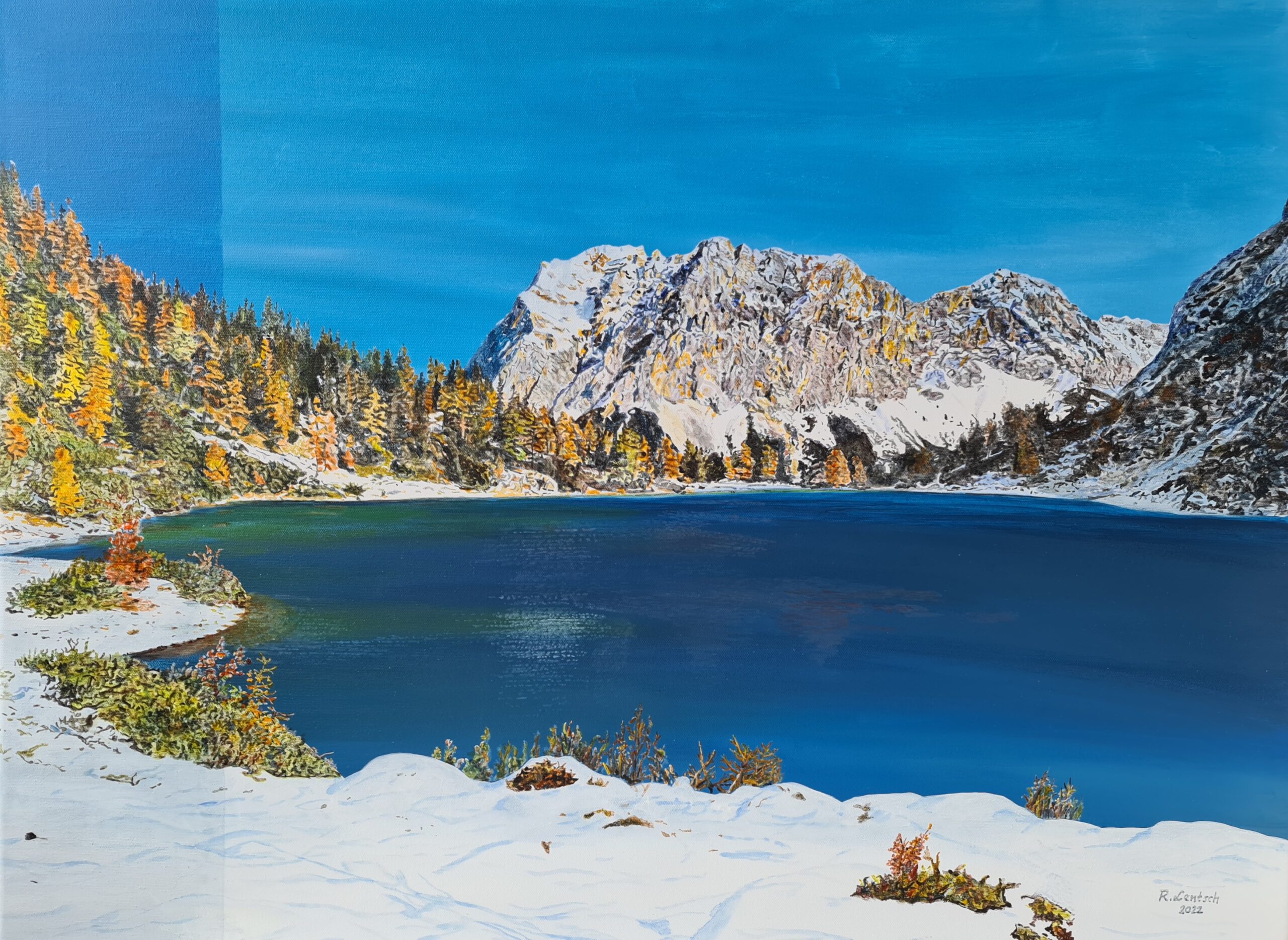 Acrylgemälde auf Leinwand (90 x 60 cm) von Reinhard Lentsch, einem Künstler aus Ried im Oberinntal gemalt. Das Bild zeigt die Zugspitze, die im Wettersteingebirge an der Grenze zwischen Tirol (Österreich) und Bayern (Deutschland) liegt und mit 2.962 Metern der höchste Berg Deutschlands ist, in eindrucksvoller Winterstimmung. Im Vordergrund zeigt das Bild den Seebensee im Tiroler Außerfern im Gemeindegebiet von Ehrwald. Im klaren Wasser des Bergsees spiegelt sich der Markante Gipfel, der sowohl von deutscher als auch österreichischer Seite per Seilbahn oder zu Fuß erreicht werden kann. Die ruhige, alpine Landschaft und die präzise Maltechnik verleihen dem Werk besondere Tiefe und Atmosphäre.