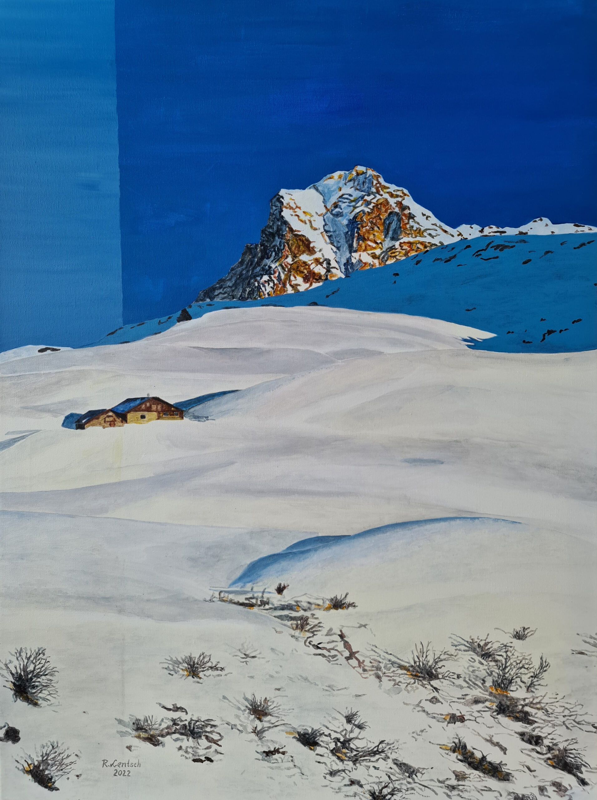 Das Acrylgemälde auf Leinwand (80 x 60 cm) ist von Reinhard Lentsch, einem autodidaktischen Künstler aus Ried im Oberinntal naturalistisch nachempfunden. Das Bild zeigt die verschneite Winterlandschaft in Oberlech (Vorarlberg), mit Blick auf die Gaisalpe und die imposante Mohnenfluh im Hintergrund. Die tiefblaue Farbe des Himmels kontrastiert eindrucksvoll mit dem glitzernden Weiß des Schnees. Sanfte Hügel, winterliche Gaisalm und klare Linien erzeugen eine ruhige, alpine Atmosphäre.