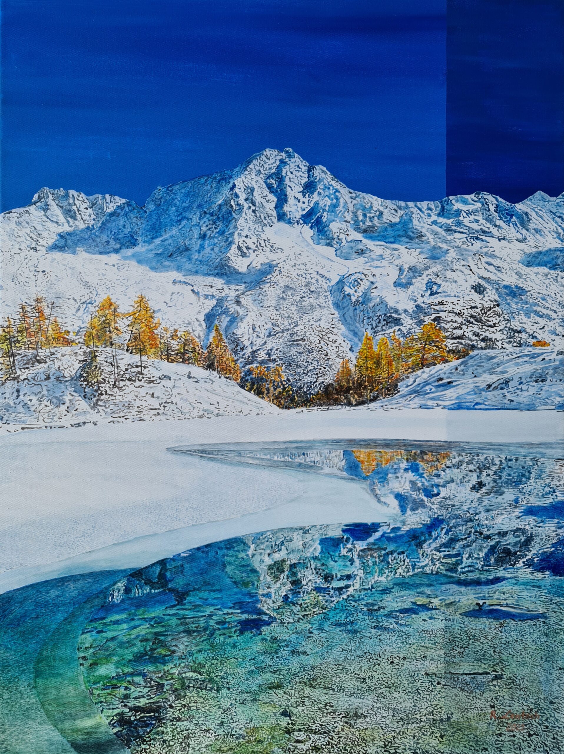 Titel: Lac bleu, Tessin (CH) Maße: 80 x 80 cm Technik: Acryl auf Leinwand Künstler: Reinhard Lentsch Entstehungsjahr: 2022 Dieses Acrylgemälde von Reinhard Lentsch zeigt eine eindrucksvolle Winterlandschaft aus dem Kanton Tessin in der Südschweiz. Im Zentrum steht ein türkisblauer Bergsee in der Nähe von Arolla, einem Gletschersee im französischsprachigen Teil der Alpen, in dem sich sonst noch zahlreiche abgelegenen Bergseen befinden. Der See liegt auf etwa 2.000 Metern Höhe und ist typischerweise im Winter teilweise zugefroren. Umgeben ist er von schneebedeckten Gipfeln der Lepontinischen Alpen, mit dem Grande Dent de Veisivi (3418m). Die Lärchenwälder, die im Spätherbst ihre Nadeln leuchtend orange-golden färben, sorgen für farbliche Kontraste in der sonst stillen, weiß-blauen Kulisse. Diese Gegend ist nur über Bergwanderwege oder im Winter auf Tourenskiern erreichbar – ein Rückzugsort für Naturfreunde, der weitgehend vom Massentourismus verschont geblieben ist. Das Werk fängt nicht nur die landschaftliche Erhabenheit der Region ein, sondern auch einen Moment der Stille zwischen Herbst und Winter. Es erinnert an die fragile Schönheit alpiner Ökosysteme – geprägt von Wasser, Eis, Licht und jahreszeitlicher Vergänglichkeit.
