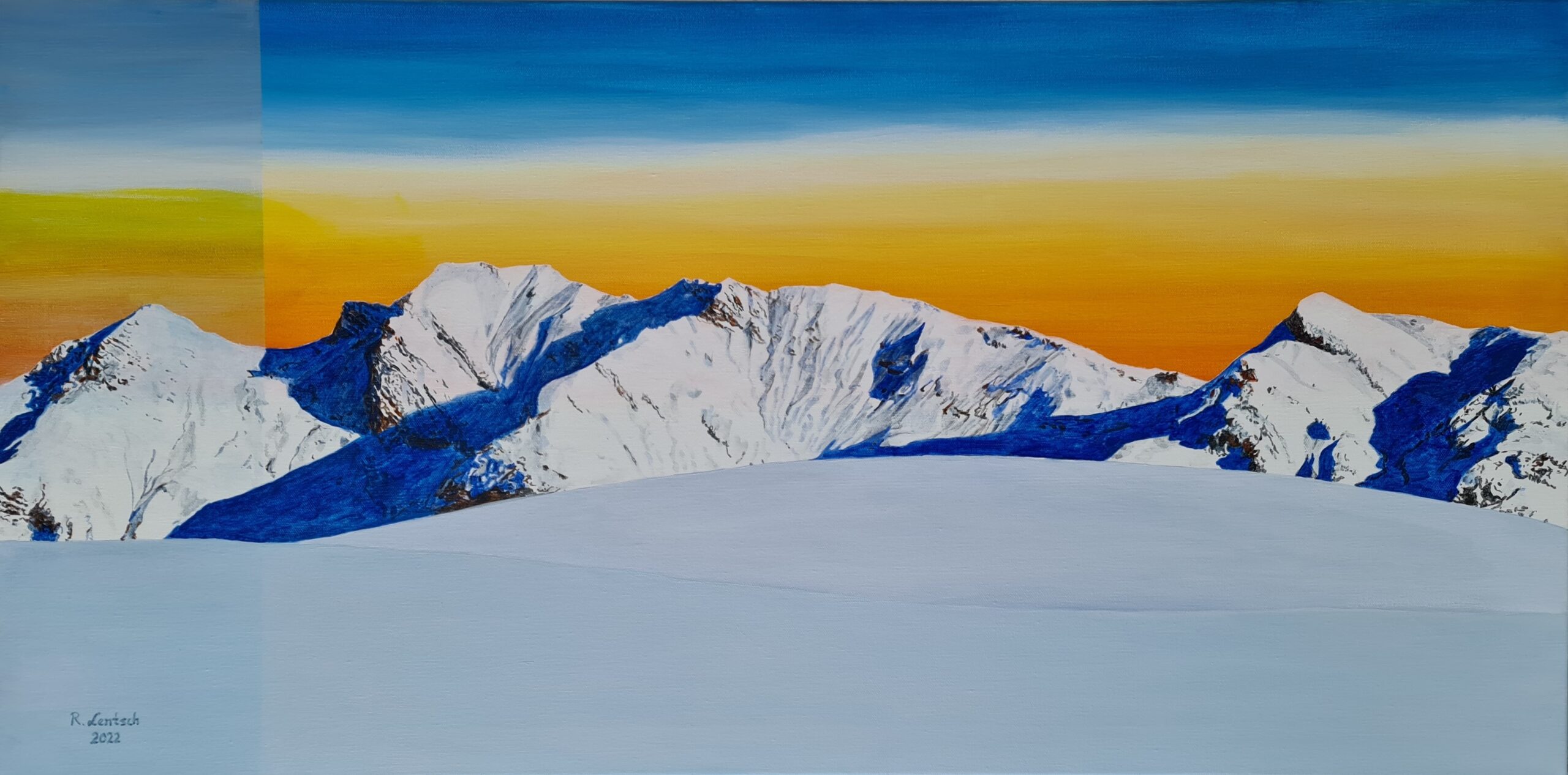 Panoramagemälde in Acryl auf Leinwand (50 × 100 cm), geschaffen von Reinhard Lentsch. Das Bild zeigt die tief winterliche Bergkulisse rund um Lech am Arlberg in Vorarlberg, mit dem markanten Wösterspitze (2.559 m) und dem bekannten Rüfikopf (2.362 m). Beide Gipfel gehören zur Lechquellengebirgsgruppe der Nördlichen Kalkalpen. Das Motiv liegt im Gemeindegebiet von Lech, einem der bekanntesten alpinen Ferienorte Österreichs. Die Region ist im Sommer wie im Winter ein beliebtes Ziel für Naturliebhaber. Zahlreiche Wanderwege, wie z. B. der Geoweg Rüfikopf, führen durch das Gebiet. Eine Seilbahn bringt Besucher direkt auf den Rüfikopf, von wo sich ein atemberaubendes Panorama über die umliegenden Gipfel bietet. Auch der anspruchsvollere Wösterspitz-Kammweg ist bei erfahrenen Bergwanderern sehr geschätzt. Das Werk verbindet topografische Genauigkeit mit künstlerischer Interpretation und lädt den Betrachter dazu ein, in die alpine Welt Lechs einzutauchen