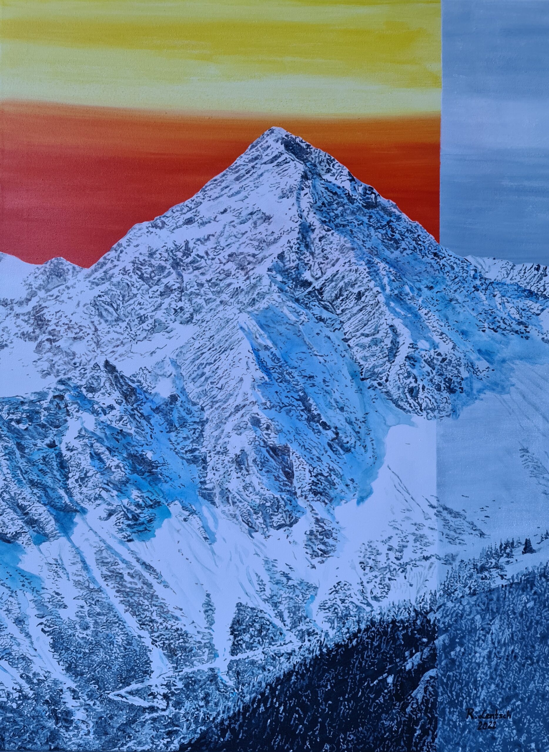Acrylgemälde auf Leinwand (60 × 80 cm), geschaffen im Jahr 2022 von Reinhard Lentsch aus Ried im Oberinntal. Das Bild zeigt das Gaishorn (2.247 m), einen markanten Berg in den Tannheimer Bergen, einem Teil der Allgäuer Alpen im österreichischen Bundesland Tirol. Das Gaishorn liegt oberhalb der Gemeinde Tannheim im Tannheimer Tal, einem beliebten Wandergebiet mit zahlreichen gut ausgeschilderten Routen. Besonders beliebt ist die Besteigung des Gaishorns über den Wanderweg ab dem Vilsalpsee, der eine eindrucksvolle Panoramaaussicht bietet. Der Künstler hat die winterlich verschneite Berglandschaft mit einem kontrastreichen Himmel in Rot-, Gelb- und Blautönen ausdrucksstark dargestellt.