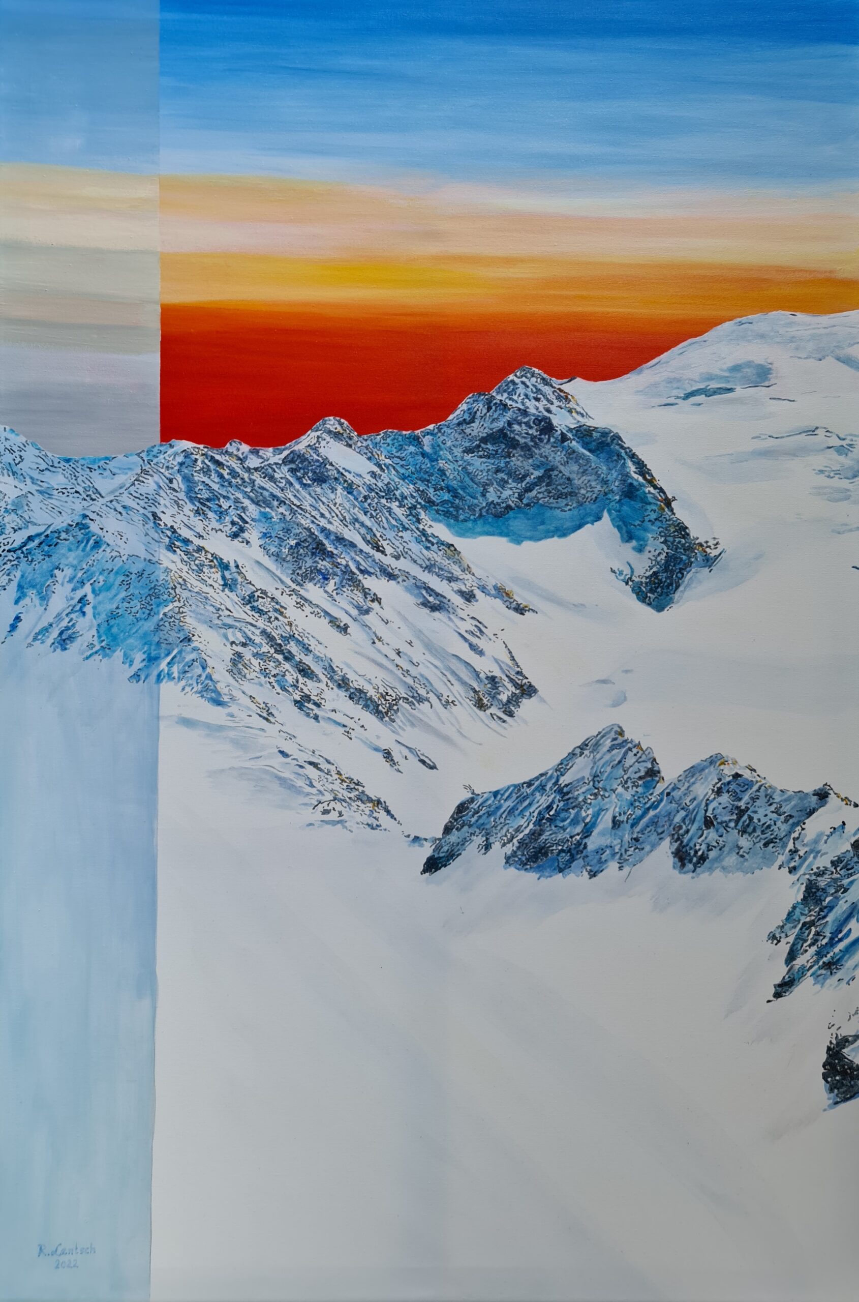 Das Bild zeigt eine stilisierte, expressive Darstellung der Wildspitze, des zweithöchsten Berges Österreichs, gemalt in Acryl auf Leinwand vom Rieder Künstler Reinhard Lentsch. Das Format beträgt 120 x 80 cm. Die schneebedeckten Gipfel und Grate der Ötztaler Alpen ziehen sich durch das Bild. Die Farben sind teils realistisch, teils abstrahiert: Die Berge sind in kaltem Blau und Weiß gehalten, während der Himmel durch einen starken Farbverlauf von hellem Blau über Gelb zu tiefem Rot abstrahiert ist. Ein vertikaler Farbstreifen in Hellblau und Weiß durchbricht die linke Bildhälfte und verleiht dem Werk eine zusätzliche Dimension, fast wie ein Fenster oder ein Verweis auf eine andere Realität. Information zur Region: Die Wildspitze liegt in den Ötztaler Alpen im Bundesland Tirol und erreicht eine Höhe von 3.770 Metern. Sie ist nach dem Großglockner der zweithöchste Gipfel Österreichs und der höchste in Nordtirol. Der Berg ist von Gletschern umgeben, darunter der Taschachferner und der Rofenkarferner, und gehört zur Weisskammgruppe. Beliebte Ausgangspunkte für Besteigungen sind Vent und das Pitztal. Die Region ist bekannt für ihre alpine Schönheit, Gletscherlandschaften und als Teil des Naturparks Ötztal. Information zum Bild: Reinhard Lentsch ist seit mehreren Jahrzehnten als bildender Künstler tätig und stelle seit 1977 regelmäßig im In- und Ausland aus. Seine Arbeiten umfassen verschiedene Techniken, darunter Tuschezeichnungen, Öl- und Acrylmalerei sowie das Legen von Mosaiken aus Muranoglas, wobei er seine eigenen Bilder als Vorlage für die Mosaike verwendet. Seit etwa 1990 integrierte er in seinen Gemälden einen markanten, bis zu 15 cm breiten vertikalen Streifen in anderen Farben als dem Hauptmotiv. Dieser Streifen erfüllt mehrere Funktionen: Er verleiht dem Bild Struktur und erinnert daran, dass das menschliche Auge das gesamte Blickfeld nicht scharf wahrnehmen kann. Gleichzeitig symbolisiert er die Veränderlichkeit der Natur, da sich Landschaften je nach Lichteinfall, Tageszeit und Jahreszeit ständig wandeln. Der Streifen stellt somit verschiedene Farbnuancen gegenüber und lädt den Betrachter ein, die subtilen Veränderungen der Landschaft und der Zeit zu erkennen. Über die Jahre ist dieser Streifen zu seinem künstlerischen Markenzeichen geworden. Für ihn ist die bildende Kunst ein wesentlicher Bestandteil des menschlichen Lebens, denn sie bereichert unsere Existenz, indem sie uns inspiriert, herausfordert und miteinander verbindet.