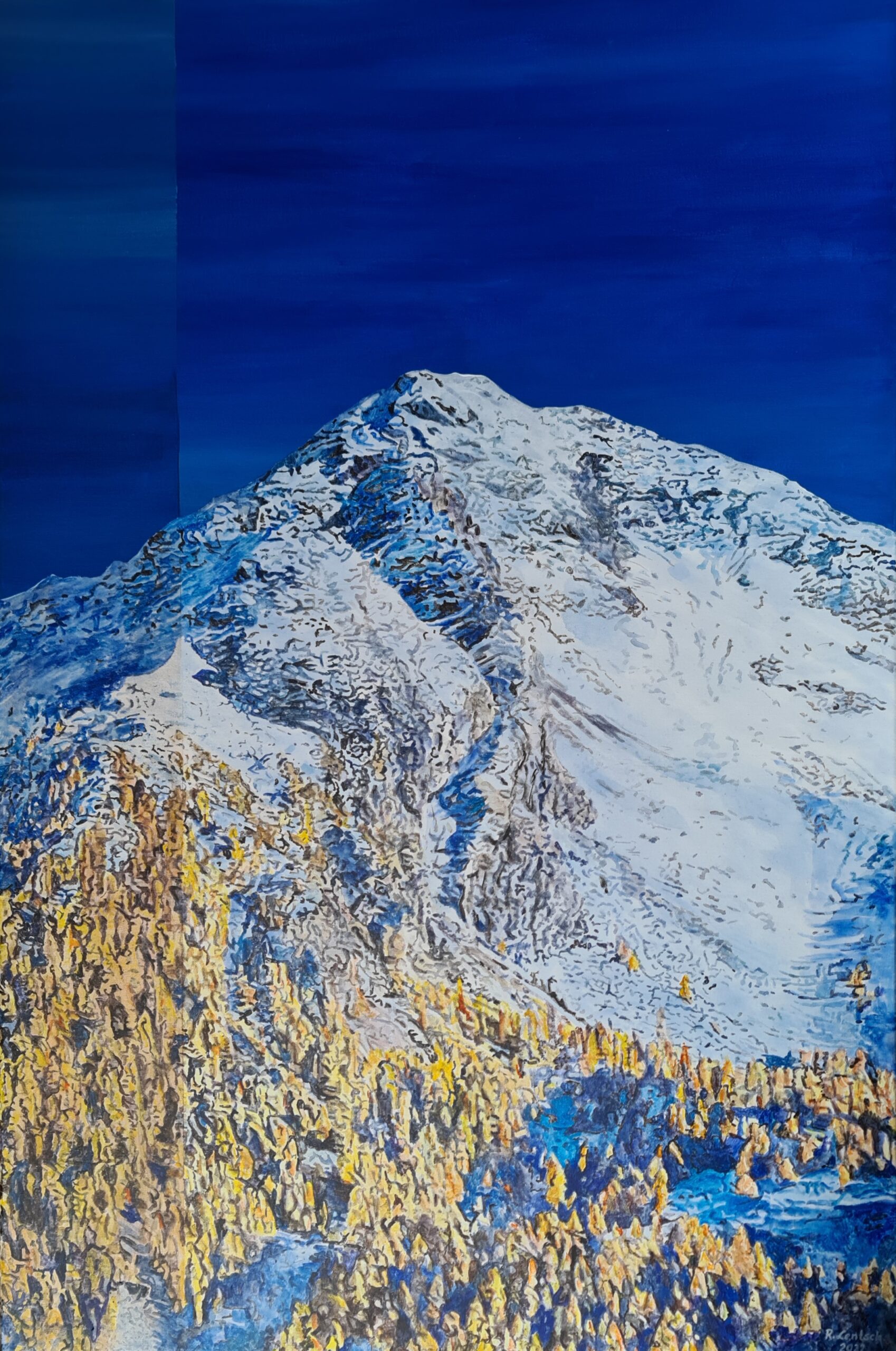 80 x 120 cm großes Acrylgemälde von Reinhard Lentsch (Ried, 2023): Die Hohe Aifnerspitze im Winter, gelegen im Gebiet der Naturparkgemeinden Wenns im Pitztal und Kaunerberg (hoch über dem Inntal). Charakteristisch ist der für den Künstler typische vertikale und farblich abgeänderte Streifen, der bewusst als gestalterisches Element eingesetzt wird und auf www.lentsch.art näher erläutert wird.