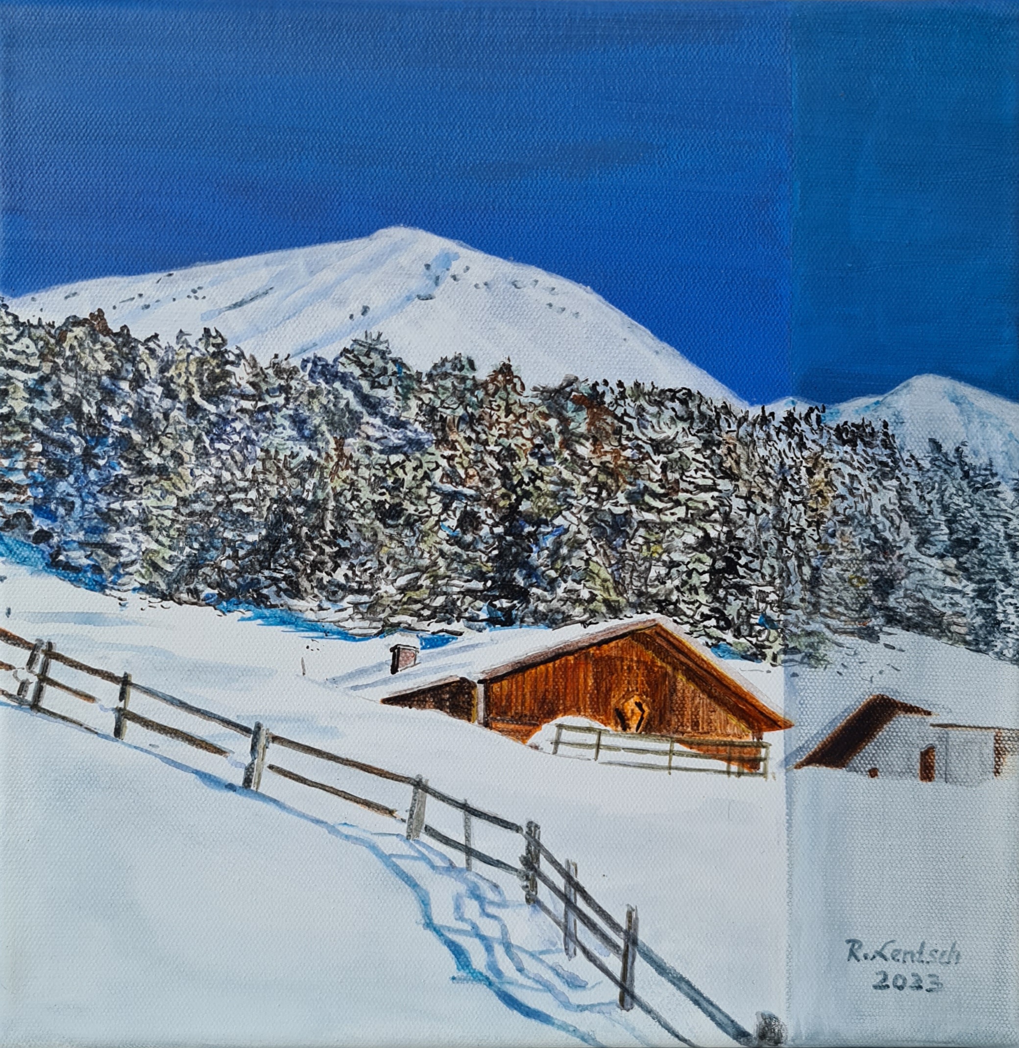 Dieses 40 x 40 cm große Bild zeigt die idyllisch gelegene Falkaunsalm oberhalb von Kaunerberg in den Ötztaler Alpen, eingefangen in einer ruhigen Winterstimmung. Reinhard Lentsch aus Ried im Oberinntal malte es 2023 in Acryl auf Leinwand. Die Alm liegt auf rund 1.962 Metern Höhe und ist nicht nur ein beliebtes Ausflugsziel, sondern auch ein hervorragender Ausgangspunkt für Bergwanderungen und gelegentlich auch Bergtouren über gut markierte Wege zum Kleinen Aifnerspitz (2.558 m) sowie zum Hohen Aifner (2.779 m). Beide Berge bieten spektakuläre Ausblicke Richtung Süden/Südwesten: Ötztaler Alpen bis zur Weißseespitze (3.518 m), Glockturm (3.355 m) Richtung Westen: Lechtaler Alpen mit der Parseierspitze (3.036 m) Richtung Norden: Tschirgant (2.370 m), dahinter bei klarer Sicht Zugspitze (2.962 m) Richtung Nordosten/Osten: ggf. Hohe Munde, Mieminger Kette Besonders im Winter zeigt sich die Falkaunsalm von ihrer stillen Seite – eingebettet in verschneite Wälder, mit dem Kontrast aus warmem Holz und kühlem Schnee, der mich immer wieder fasziniert.