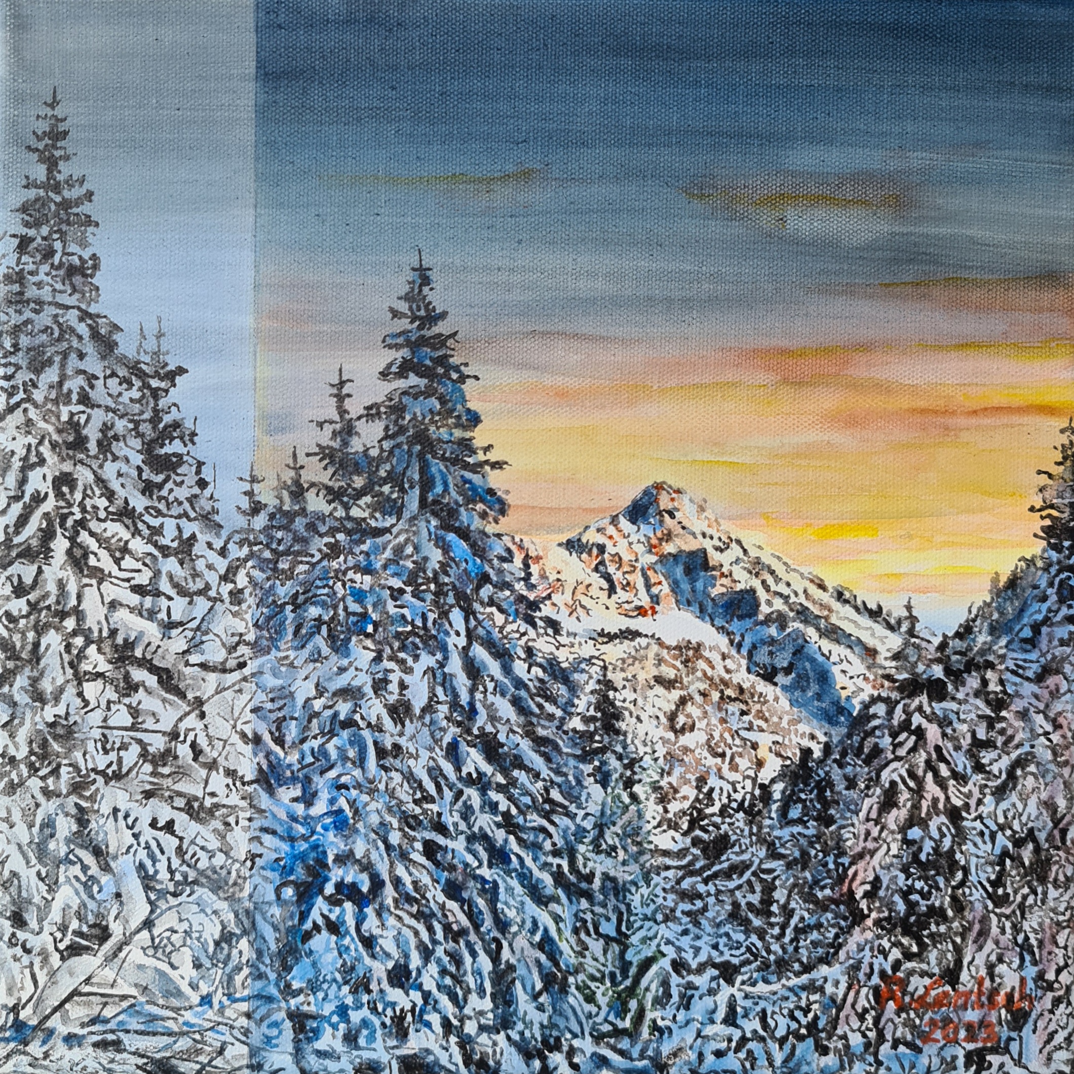 Das Kunstwerk ist eine Hommage an Tirol. Es zeigt eine tief verschneite Winterlandschaft in der Abendsonne, mit schneebehangenen Bäumen, die den Blick auf einen sanft von der Abendsonne angeleuchteten Berg frei geben. Der Oberländer Künstler Reinhad Lentsch malte dieses Werk 2023 in der für ihn typischen Art auf eine 30 x 30 cm große Leinwand.