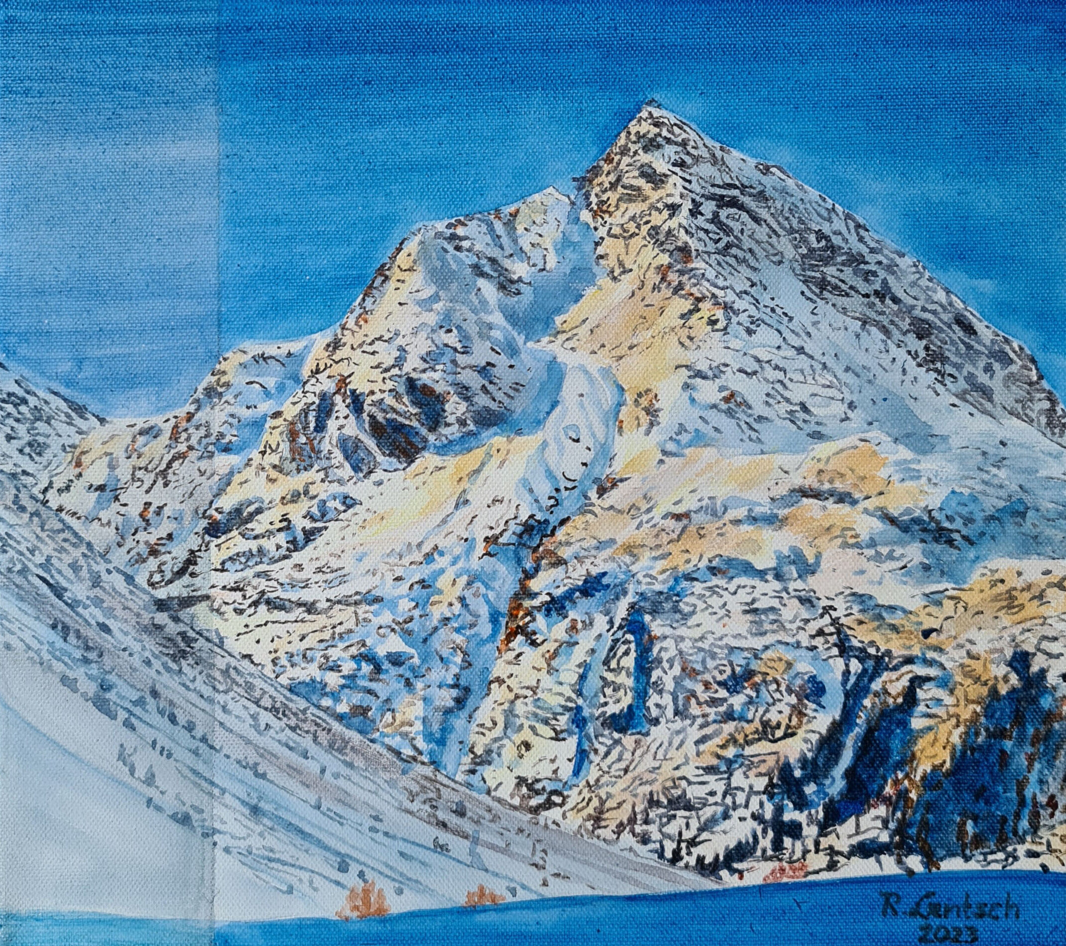 Das Bild zeigt die Ballunspitze über dem Tiroler Ort Galtür in einer Winteransicht. Der Himmel ist strahlend blau, der Schnee leuchtet hell im Sonnenlicht. Das Gemälde wurde 2023 vom Tiroler Künstler Reinhard Lentsch mit Acrylfarben auf eine 30 x 30 Zentimeter große Leinwand gemalt. Der Berg gehört zur Samnaungruppe, einem Teil der Zentralalpen. Die Ballunspitze ist 2.671 Meter hoch und ein beliebtes Ziel für Bergsportler. Galtür, am Fuße des Berges, wurde im Jahr 1999 durch eine große Lawine schwer getroffen. 31 Menschen kamen damals ums Leben. Der Lawinenabgang machte den kleinen Ort weltweit bekannt. Heute leben in Galtür etwa 770 Menschen. Es gibt rund 4.000 Gästebetten für Urlauber. Das Dorf ist heute lawinensicher und ein beliebter Ferienort für Familien, Wanderer und Wintersportler. Die Ballunspitze prägt die beeindruckende Landschaft rund um Galtür.