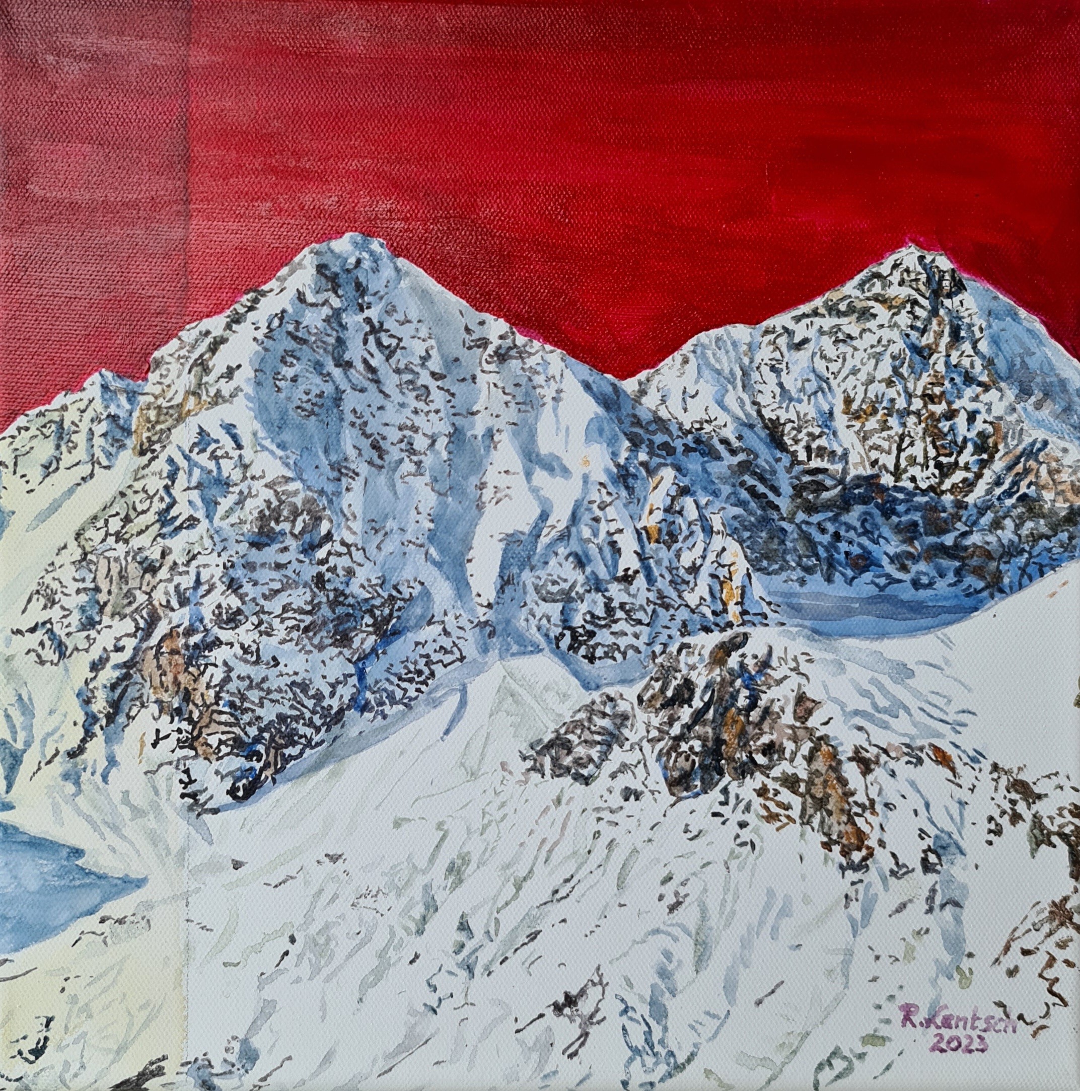 Das Gemälde malte Reinhard Lentsch in Acryl  auf einer 30 x 30 cm großen Leinwand. Es  zeigt tief verschneite Berge die in der Verwallgruppe liegen und die zum Gemeindegebiet von St. Anton am Arlberg gehören. Die schroffen Gipfel kommen vor einem leuchtend roten Himmel besonders gut zum Ausdruck.