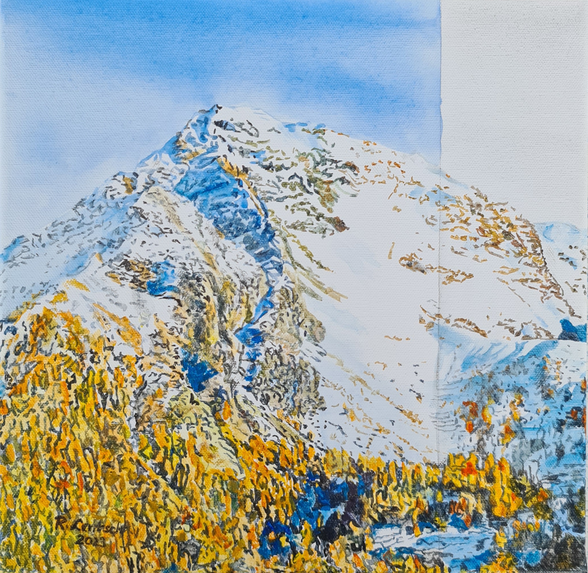 Acrylgemälde von Reinhard Lentsch (2023): Der Künstler aus Ried im Oberinntal malte in naturalistischer Weise und dennoch in seinem eigenen Stil diese Winterlandschaft, nämlich die Hohe Aifnerspitze mit Lärchenwald im Gemeindegebiet Kaunerberg bzw. Arzl im Pitztal, die beide zur Naturparkregion Kaunergrat gehören.