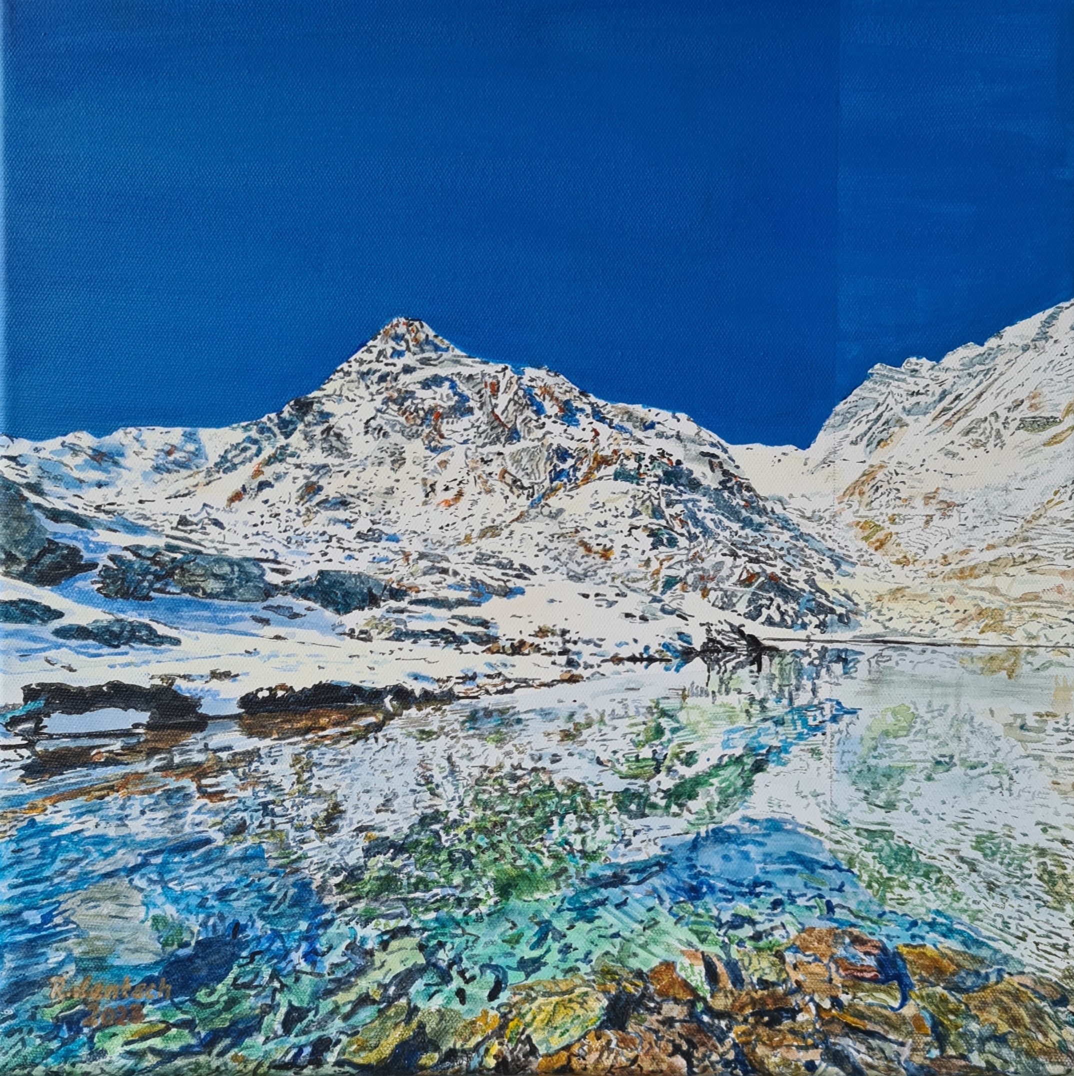 Der in Ried im Oberinntal lebende und arbeitende Künstler Reinhard Lentsch malte 2024 in Acryl auf einer 40 x 40 cm großen Leinwand den Furglersee in einer Frühlingsansicht. Der Furglersee gehört zum Gemeindegebiet von Serfaus und liegt auf 2.458 Metern über dem Meeresspiegel. Über diesem Tiroler Bergsee thront der Furgler, der zur Samnaungruppe gehört und 3.004 Meter hoch ist.