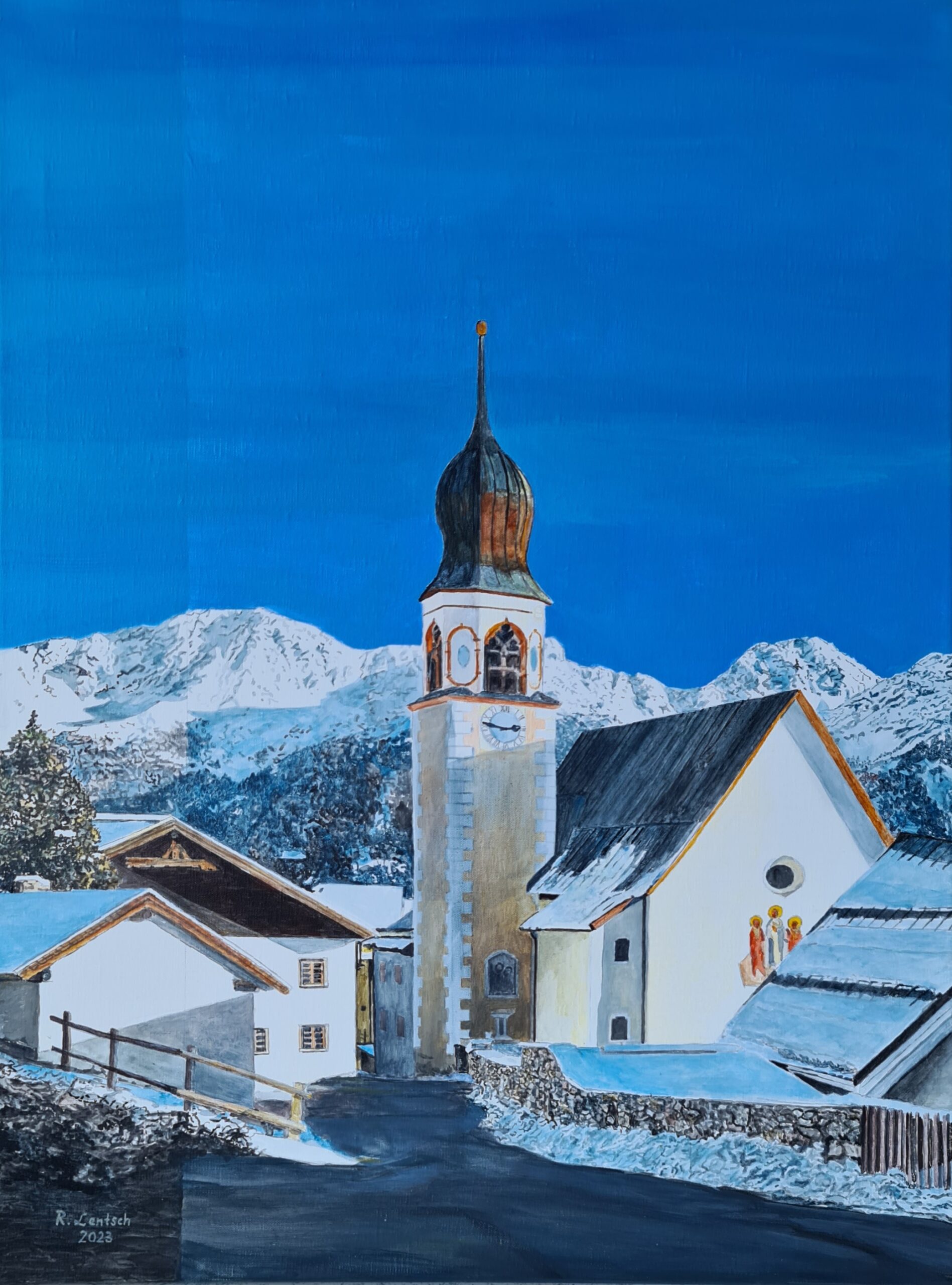 2023 malte der Rieder Künstler Reinhard Lentsch dieses Bild in Acryl auf eine 60 x 80 cm große Leinwand. Das Bild zeigt die Pfarrkirche zum heiligen Johannes dem Täufer im Tiroler Bergdorf Fiss am Sonnenplateau Serfaus-Fiss-Ladis. Es ist ein Motiv, das mich durch seine harmonische Einbettung in die winterliche Landschaft und seine geschichtliche Tiefe besonders angesprochen hat. Die Kirche blickt auf eine lange Tradition zurück: Ihre Ursprünge reichen bis ins 13. Jahrhundert, die heutige barocke Gestalt stammt aus der Zeit zwischen 1730 und 1740. Geweiht wurde sie 1742. Die Kirche mit dem markanten Zwiebelturm, der sich über die Dächer des Dorfes erhebt, ist ein wohl tausendfach abgelichtetes Motiv in dieser bekannten Tourismusregion.