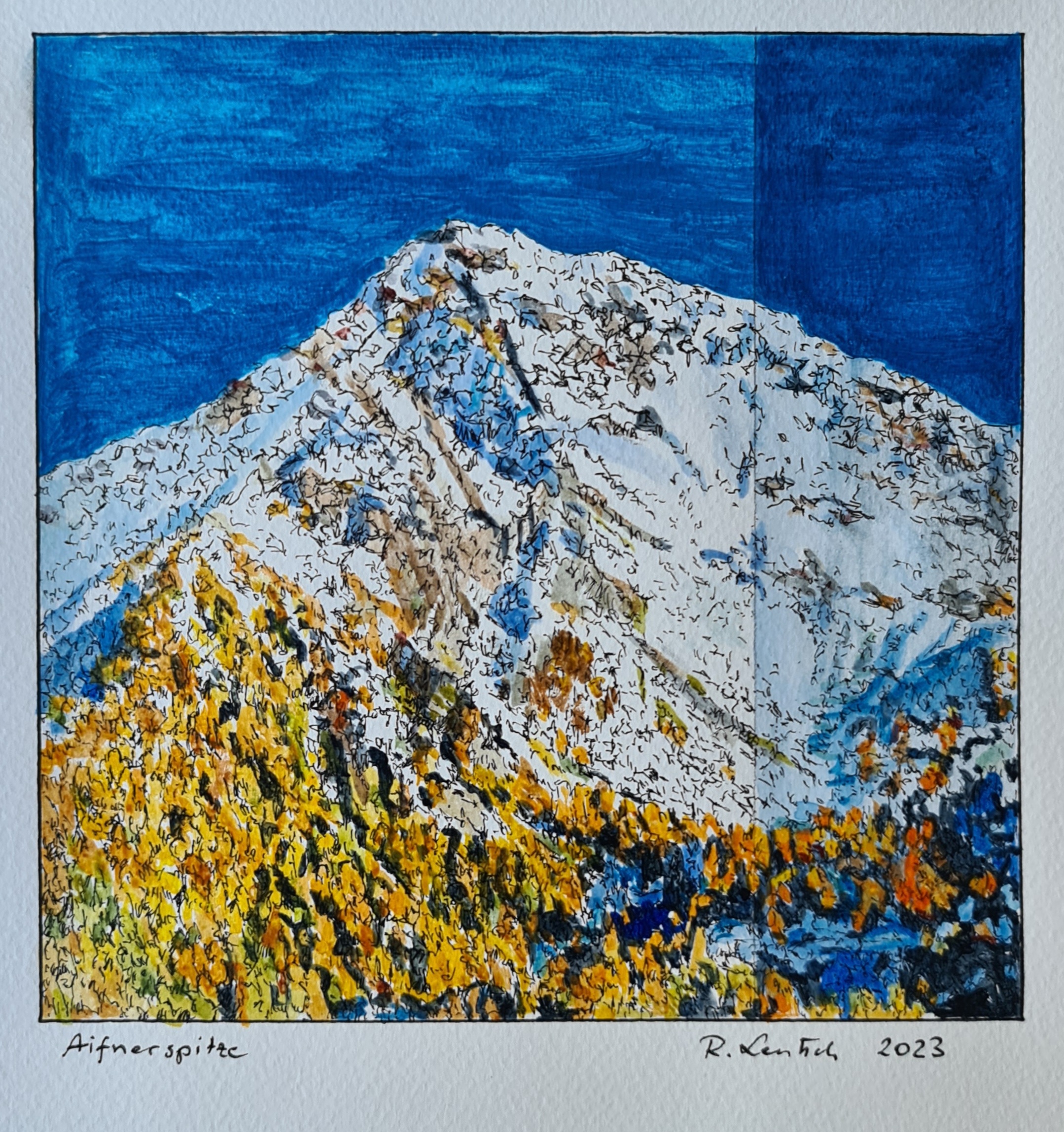 Tuschezeichnung, kombiniert mit Acrylmalerei von Reinhard Lentsch (2023): Der Künstler aus Ried im Oberinntal malte in naturalistischer Weise und dennoch in seinem eigenen Stil diese Winterlandschaft, nämlich die Hohe Aifnerspitze mit Lärchenwald im Gemeindegebiet Kaunerberg bzw. Arzl im Pitztal, die beide zur Naturparkregion Kaunergrat gehören.