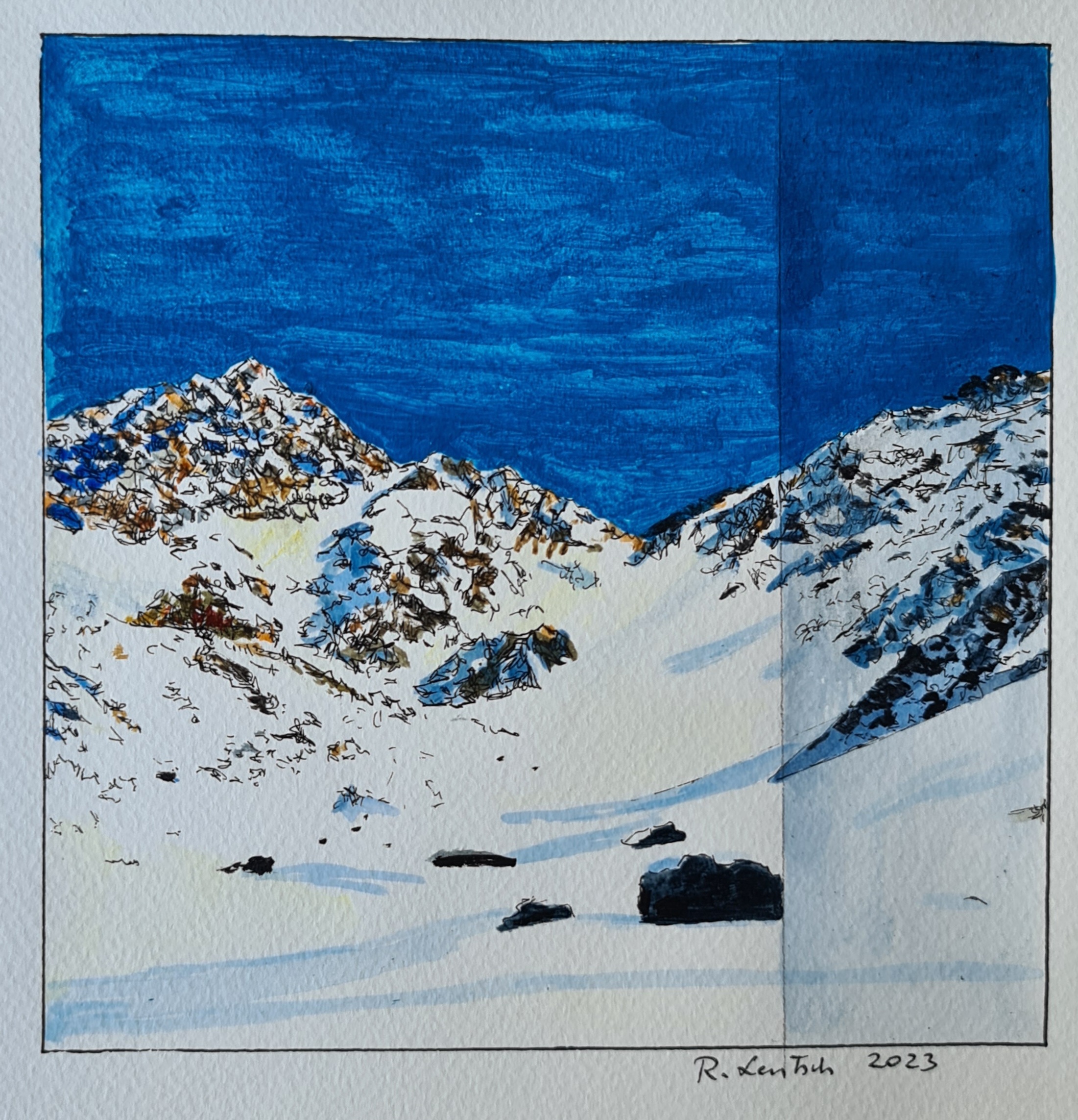 Reinhard Lentsch malte dieses stimmungsvolle Winterbild im Jahr 2023 mit Acryl und Tusche auf Papier (17 x 17 cm). Der tiefblaue Himmel steht in starkem Kontrast zum weiß verschneiten Matonkopf – einem 2.168 Meter hohen Berg im Gemeindegebiet von Tösens, Bezirk Landeck in Tirol. Der Matonkopf liegt nahe dem kleinen Weiler Übersachsen und ist in etwa zwei Stunden zu Fuß erreichbar. Die Wanderung führt über das „Langhaus“ und die „Fadele-Wiesen“ zur Hirtenhütte Langezberg und von dort weiter zum Gipfel. Von oben bietet sich eine beeindruckende Aussicht über das Obere Inntal. Der Matonkopf ist ein beliebtes Ziel für alle, die die stille Schönheit der Tiroler Bergwelt abseits der großen Touristenpfade erleben möchten.