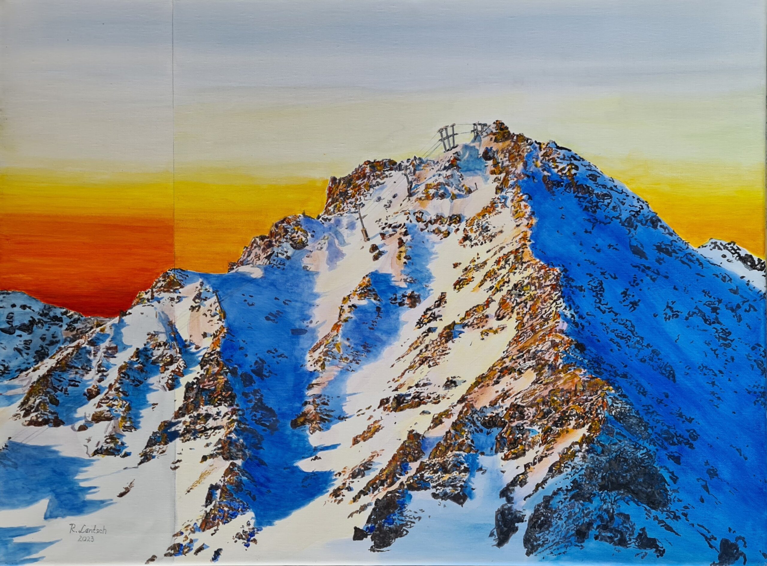 Acrylgemälde von Reinhard Lentsch (60 x 80 cm), das das Schindlerkar in der Abend- oder Morgendämmerung zeigt – ein markanter, schneebedeckter Hang im Gemeindegebiet von St. Anton am Arlberg, Tirol. Das Kar liegt auf rund 2.600 bis 2.700 m Seehöhe und ist Teil des Verwallgebirges, das sich an der Grenze zwischen Tirol und Vorarlberg erstreckt. In der Bildmitte erhebt sich ein schroffer Gipfel mit felsdurchsetzten Flanken, dramatisch beleuchtet vom orange-roten Licht des Himmels, das in starkem Kontrast zum kalten Blau der Schneeflächen steht. Das Schindlerkar ist eine der bekanntesten und anspruchsvollsten Variantenabfahrten in der Arlberg-Region und zieht sowohl sportlich ambitionierte Skifahrer als auch erfahrene Freerider an. Das Bild vermittelt die Erhabenheit und technische Herausforderung dieser alpinen Hochregion im Wechselspiel von Licht, Farbe und Geländeform.