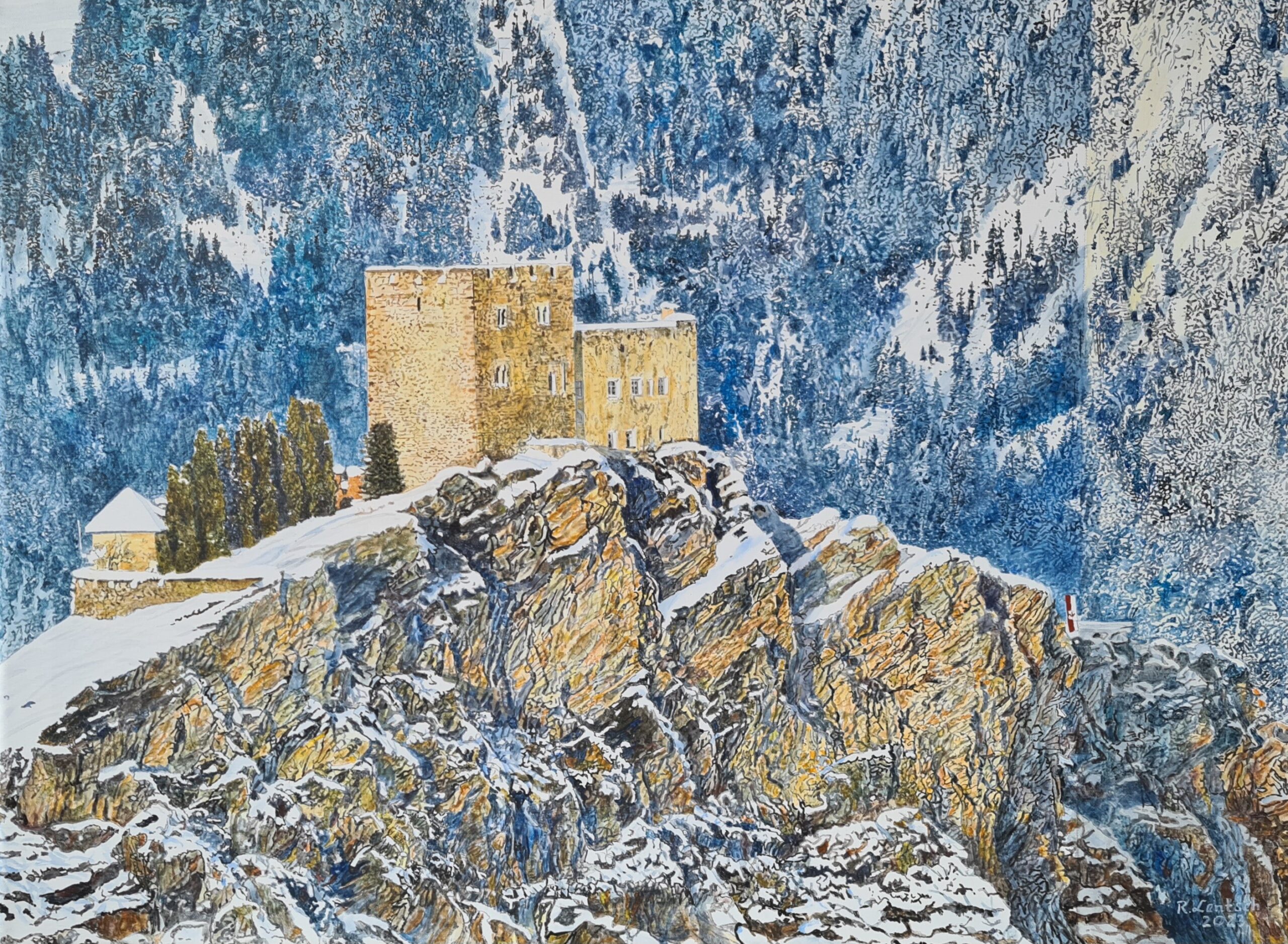 Das Acrylgemälde „Burg Laudegg im Winter“ von Reinhard Lentsch (2023, Format 60 × 80 cm) zeigt die mächtig über dem Tiroler Ort Ladis thronende Burg Laudegg in einer eindrucksvollen Winterlandschaft. Eingebettet in steil abfallende, verschneite Felsformationen erhebt sich die Anlage mit ihrem Burgfried und den Nebenbauten in goldgelbem Sonnenlicht – ein starker Kontrast zum eisblauen Hintergrund des Piller Sattels. Burg Laudegg zählt zu den ältesten Burgen im Tiroler Oberland. Sie wurde erstmals 1239 als „Laudeck“ urkundlich erwähnt, ihre Anfänge reichen aber vermutlich bis ins 12. Jahrhundert zurück. Ab dem 13. Jahrhundert war sie der Sitz des landesfürstlichen Pflegers sowie Verwaltungsmittelpunkt und Gerichtsort des sogenannten „Oberen Gerichts“ – einem der zentralen Gerichtssprengel Tirols. Diese Funktion behielt sie über viele Jahre bei, ehe die Verwaltung ab dem 16. Jahrhundert schrittweise nach Ried im Oberinntal verlegt wurde. In der Folge verfiel die Burg zunehmend. Erst in der zweiten Hälfte des 20. Jahrhunderts begann eine behutsame Restaurierung der Anlage. Heute befindet sich Burg Laudegg in Privatbesitz, wird teilweise bewohnt und ist in den Sommermonaten im Rahmen von Führungen zugänglich. Das Bild bringt nicht nur die geschichtliche Bedeutung der Burg zum Ausdruck, sondern auch ihre symbolische Kraft als Fels in der winterlichen Landschaft. Die warme Farbgebung der Mauern steht im reizvollen Kontrast zur Kühle des Schnees.