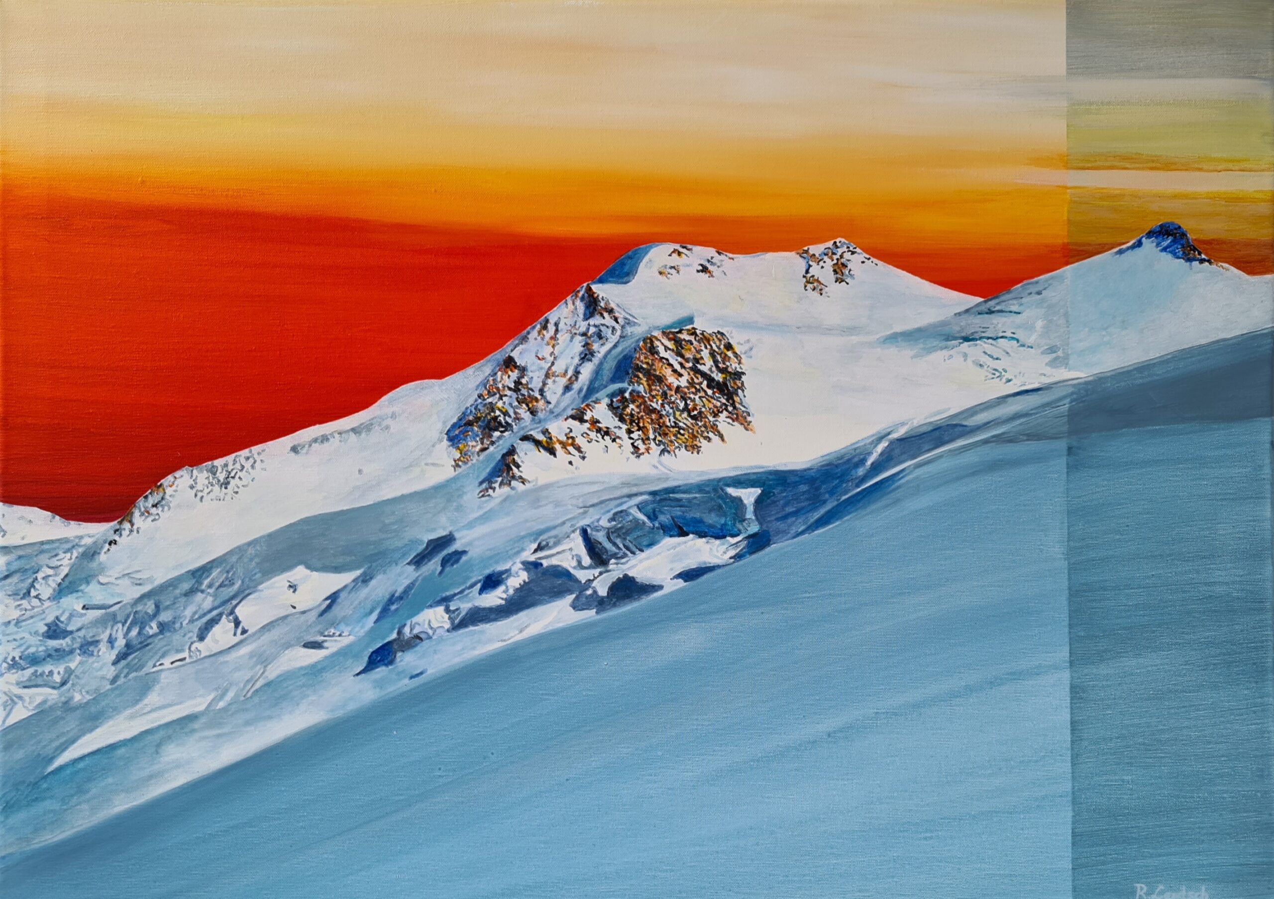 Das Acrylgemälde „Gletscherlandschaft mit Wildspitze“ von Reinhard Lentsch (2023, 80 × 60 cm) zeigt die markante Silhouette der Wildspitze in den Ötztaler Alpen. Die Wildspitze ist mit 3770 Metern der höchste Gipfel Nordtirols und nach dem Großglockner der zweithöchste Berg Österreichs. Sie liegt im Gemeindegebiet von Sölden im Ötztal und ist Teil der Weißkammgruppe, einem der mächtigsten Gebirgszüge der Ostalpen. Im Zentrum des Bildes stehen die vergletscherten Flanken des Bergmassivs, eingerahmt von der intensiven Lichtstimmung eines hochalpinen Sonnenuntergangs. Besonders auffällig ist der vertikale Farbstreifen am rechten Bildrand – ein charakteristisches Stilmittel von Reinhard Lentsch, das den zeitlichen Wandel der Licht- und Farbwirkung innerhalb eines Tages oder weniger Stunden symbolisiert. Die Wildspitze wurde erstmals im Jahr 1848 durch Leander Klotz, einen Bergführer aus Vent, bestiegen. Seither ist sie ein Symbol für alpinistische Tradition und ein begehrtes Ziel für Bergsteiger und Skitourengeher. Die Darstellung verbindet das Monumentale der alpinen Natur mit einem modernen, atmosphärischen Farbspiel und veranschaulicht den Wandel und die Schönheit dieser vergänglichen Landschaft.