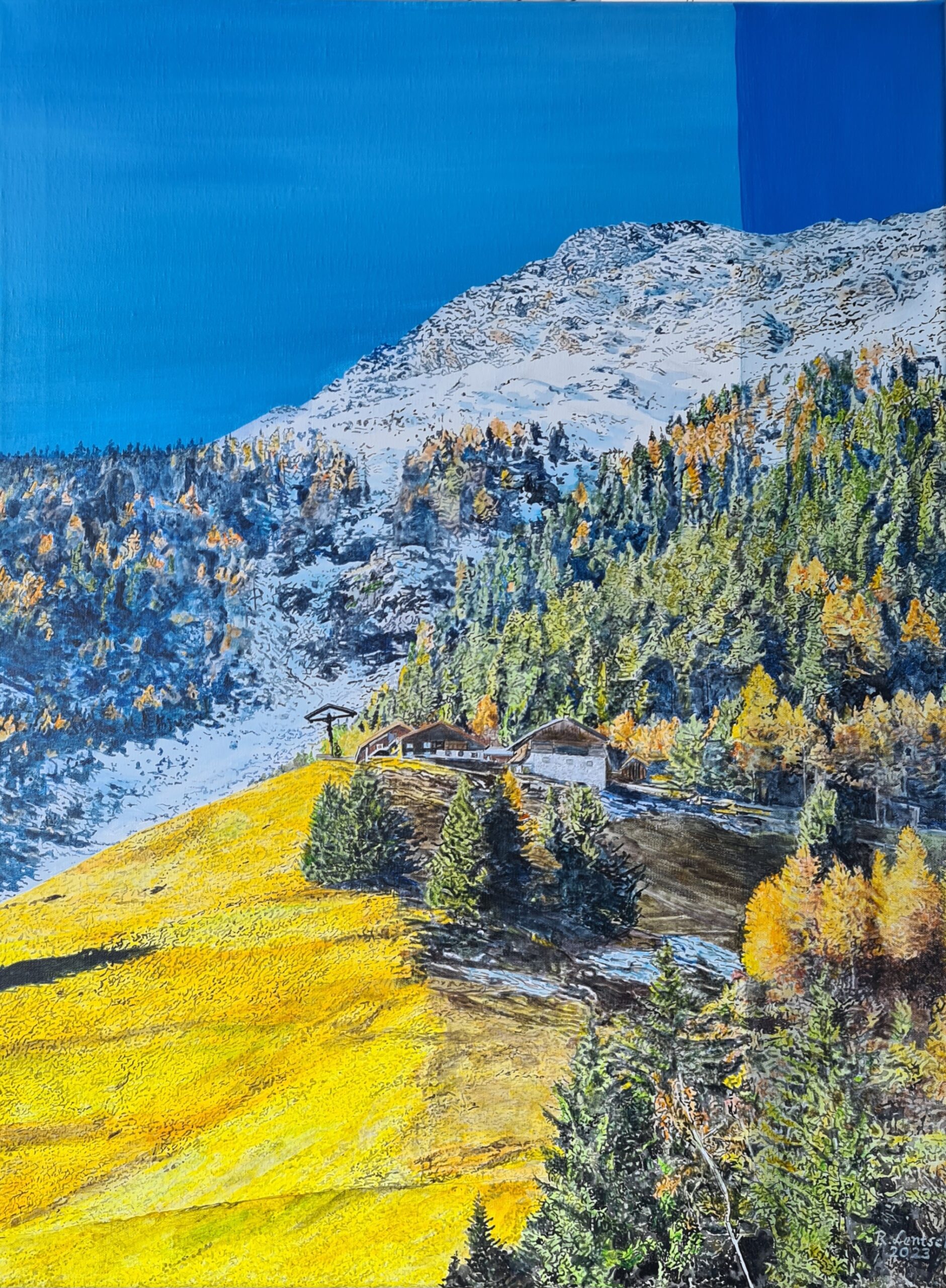 Das Acrylgemälde von Reinhard Lentsch aus dem Jahr 2023 (Format 60 × 80 cm) zeigt die denkmalgeschützten Ögghöfe oberhalb von Feichten im Kaunertal. Diese historischen Bauernhöfe, von denen einige bis ins 16. Jahrhundert zurückreichen, liegen auf etwa 1700 m Seehöhe. Sie gelten als kulturhistorisches Juwel und herausragendes Beispiel alpiner Holzbauweise und zählen zu den am besten erhaltenen Hofgruppen Tirols. Im Hintergrund erhebt sich die Karlsspitze (2805 m), deren schroffer, teils noch verschneiter Grat einen spannungsvollen Kontrast zur aufblühenden Frühlingslandschaft bildet. Ein zentrales Element des Werks ist der rund 10 cm breite Farbstreifen – ein charakteristisches Merkmal der Malweise von Reinhard Lentsch. Er symbolisiert die rasche Veränderung der Farbwirkung der Landschaft im Verlauf weniger Stunden: etwa durch Sonnenstand, Schneeschmelze, Nebel oder Tauwetter. Das Werk begreift das Ensemble als lebendigen Ort im Spannungsfeld von Geschichte, Natur und stetigem Wandel. Ziel des Künstlers ist es, eine moderne Perspektive auf die Tiroler Berglandschaft zu schaffen – für alle, die ihre Schönheit nicht nur betrachten, sondern spüren möchten. Das Kaunertal selbst gehört zum Naturpark Kaunergrat und ist bekannt für seine vielfältige alpine Natur: etwa die Wallfahrtskirche Kaltenbrunn, den imposanten Gepatschstausee, das Gletscherskigebiet am Weißseeferner sowie für seinen klaren Nachthimmel. Die dargestellten Ögghöfe sind eng mit der Familie Lentsch verbunden. Im Jahr 1871 erwarb Tobias Lentsch, ein Vorfahre der Familie, das Anwesen. Der Name „Meinrad Lentsch“, Georg Praxmarers Großvater, ist über der Tür des Hofes eingeschnitzt – ein Zeichen der generationsübergreifenden Verbindung. Heute ist „die Ögg“ (Hof Nr. 221) im Besitz von Georg Praxmarer, der den Hof mit dem Denkmalamt renovierte. Zwei der drei Höfe werden als Seminarhof und Ferienapartment genutzt, der dritte ist Wohnsitz der Familie.