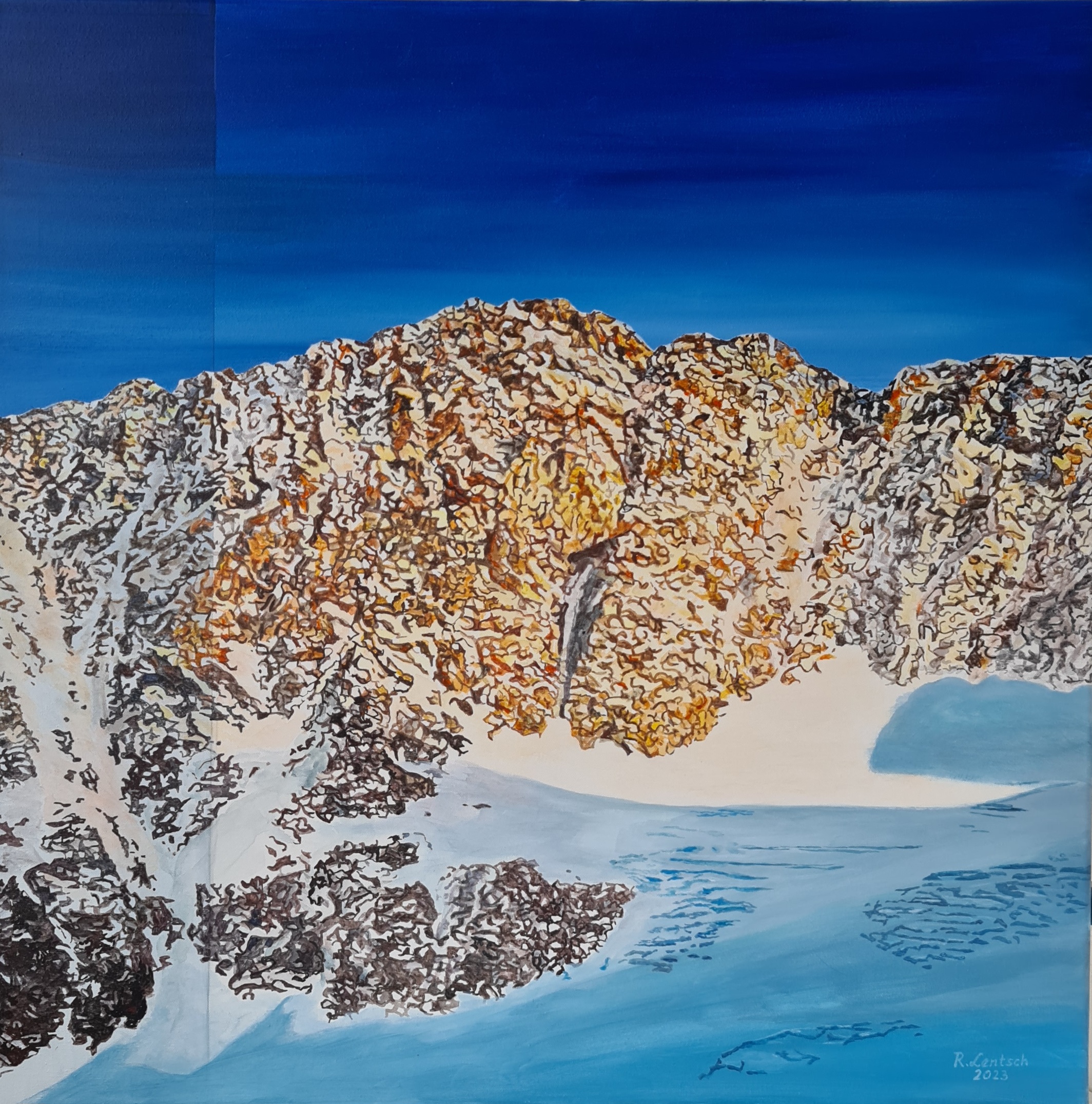 Das Acrylgemälde von 2023 (80 x 80 cm) zeigt eine beeindruckende Winterlandschaft in den Stubaier Alpen mit dem Trögler (2902 m) im Zentrum. Der markante Gipfel liegt vollständig im Gemeindegebiet von Neustift im Stubaital und bildet einen natürlichen Rand des Stubaier Gletscherskigebiets, das südlich des Berges beginnt. Die Szene fängt die intensive Nachmittagssonne ein, die die felsige Südflanke in warme Ockertöne taucht, während die verschneiten Hänge und Gletscherflächen im Vordergrund in kühlem Blau leuchten. Das Werk verbindet topografische Genauigkeit mit atmosphärischer Tiefe und spiegelt die alpine Ruhe dieser hochalpinen Region Tirols wider.