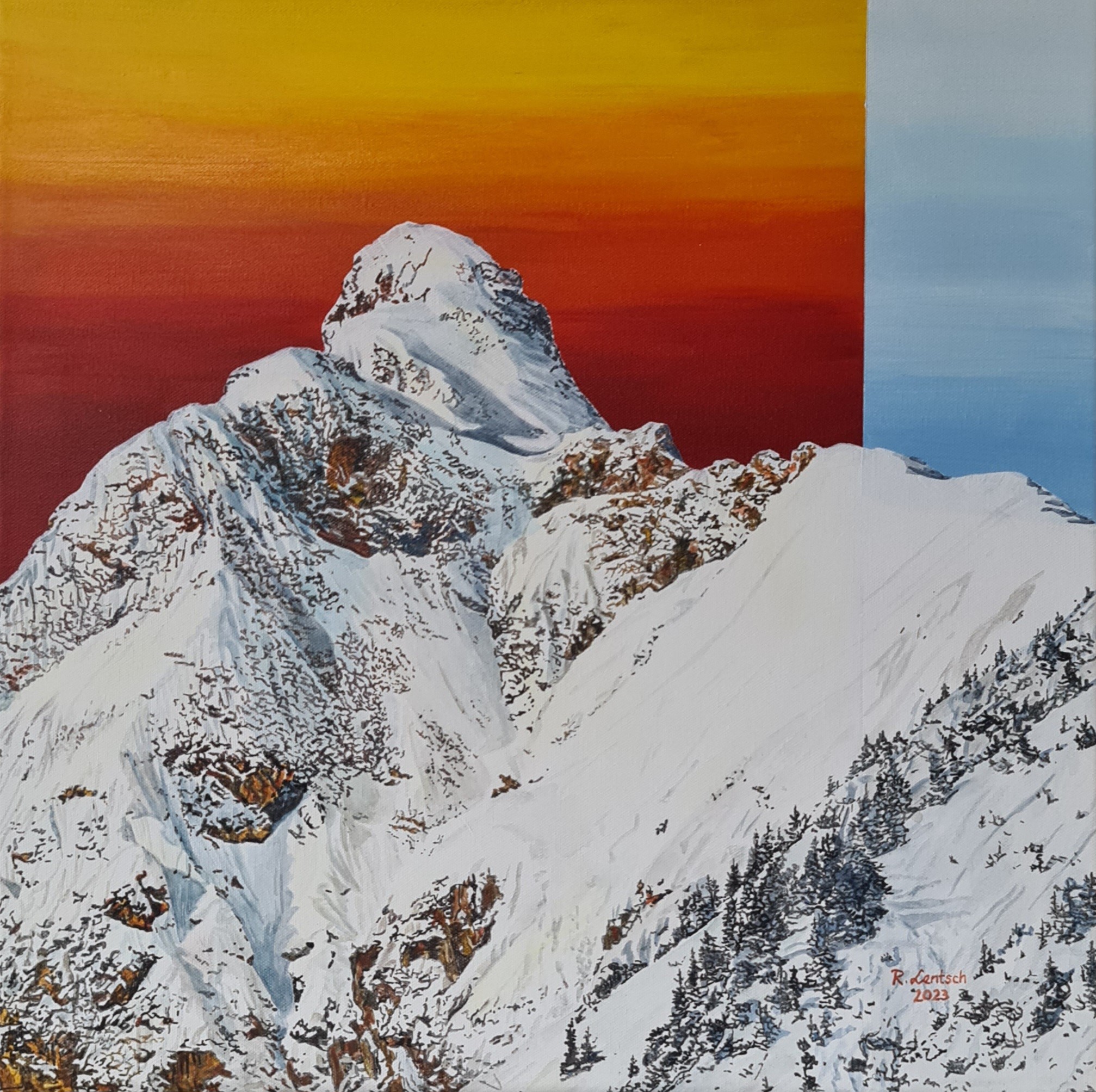 Die tief verschneite Silberspitze im Gemeindegebiet von Zams ist auf der 50 x 50 cm großen Leinwand in einer Ostansicht dargestellt. Während der überwiegende Teil des Himmels einen Sonnenuntergang in Rot-, Orange- und Gelbtönen und die Schneelandschaft hell strahlend zeigt, ist der rechte, etwa 1 Fünftel breite Bildrand farblich anders gestaltet. Der Himmel ist hellblau, strukturiert, der verschneite Berg ist leicht abgedunkelt. Die detailliert dargestellten Felsstrukturen und Schneefelder erzeugen eine realistische Textur. Den beschriebenen Streifen verwendet der Künstler in jedem seiner Bilder. Er schafft sich damit eine Wiedererkennung und weist darauf hin, dass sich Landschaften - egal ob in kurzen oder langen Zeitabschnitten - farblich verändern.