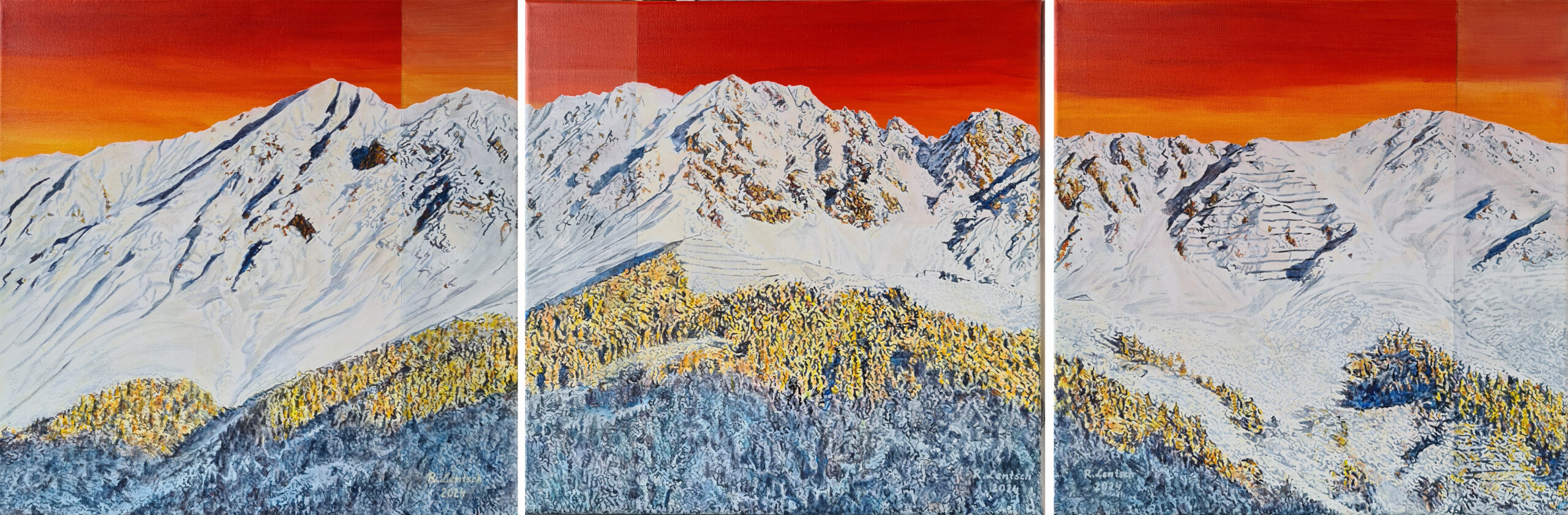 Innsbruck, Nordkette – Ein Triptychon in beeindruckender Farbintensität! Das 2024 von Reinhard Lentsch geschaffene Triptychon fängt die majestätische Schönheit der Nordkette über Innsbruck ein. Auf drei Leinwänden von jeweils 50 x 50 cm entfaltet sich ein faszinierendes Zusammenspiel von Licht, Schatten und Farbe. Die warme Abendstimmung im Himmel kontrastiert mit den schneebedeckten Gipfeln und den herbstlichen Wäldern im Vordergrund. Dieses Werk verbindet Naturverbundenheit mit künstlerischer Ausdruckskraft und lädt den Betrachter ein, die alpine Landschaft neu zu erleben.