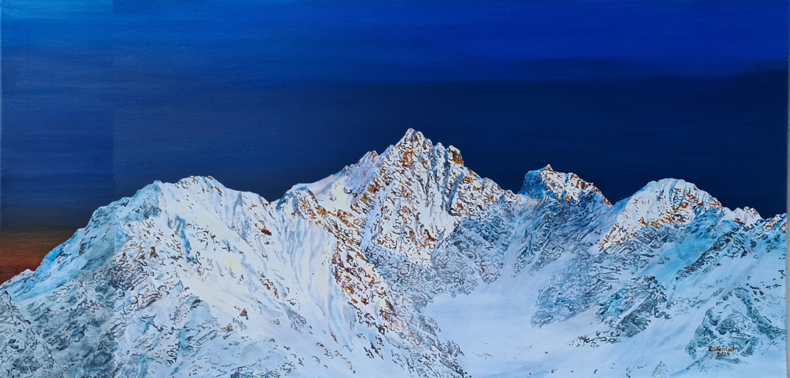 Den Blick auf den tief verschneiten Acherkogel (3008 m) im vorderen Ötztal, einem Gipfel der Stubaier Alpen, hielt der in Ried im Oberinntal lebende und arbeitende Künstler Reinhard Lentsch in einem 100 x 50 cm großen Acrylbild eindrucksvoll fest. Der Acherkogel liegt im Gemeindegebiet von Oetz und ist 3008 m hoch. Die Farbgebung und die präzise Darstellung der Bergwelt verleihen dem Werk eine besondere Tiefe und Atmosphäre.