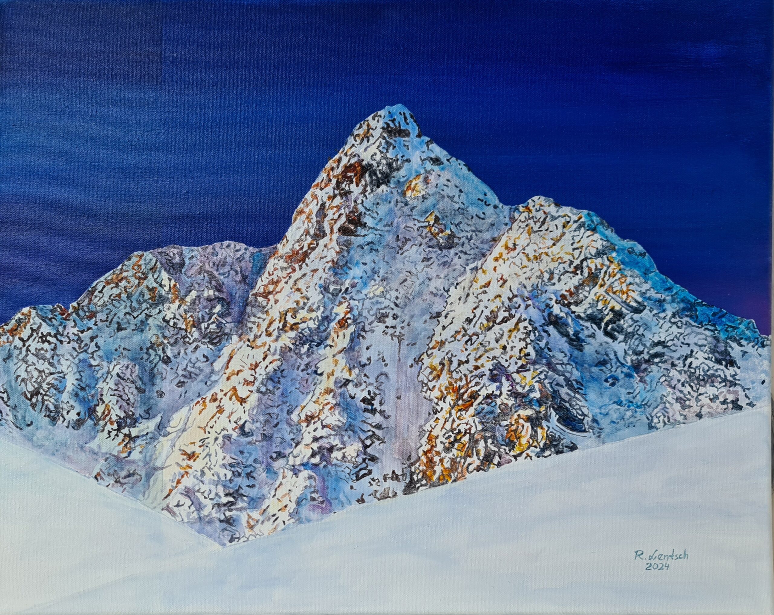 Diesen Berg im Winter malte der Rieder Künstler Reinhard Lentsch 2024 Acryl auf eine 40x50 cm große Leinwand. Ein markanter, schneebedeckter Berg erhebt sich vor einem tiefblauen Himmel. Feine Strukturen und lebendige Farbnuancen aus kühlen Blau- und Weißtönen sowie warmen Akzenten verleihen dem Motiv Tiefe und Ausdruck. Die ruhige Schneefläche im Vordergrund unterstreicht die stille, klare Atmosphäre der winterlichen Landschaft.